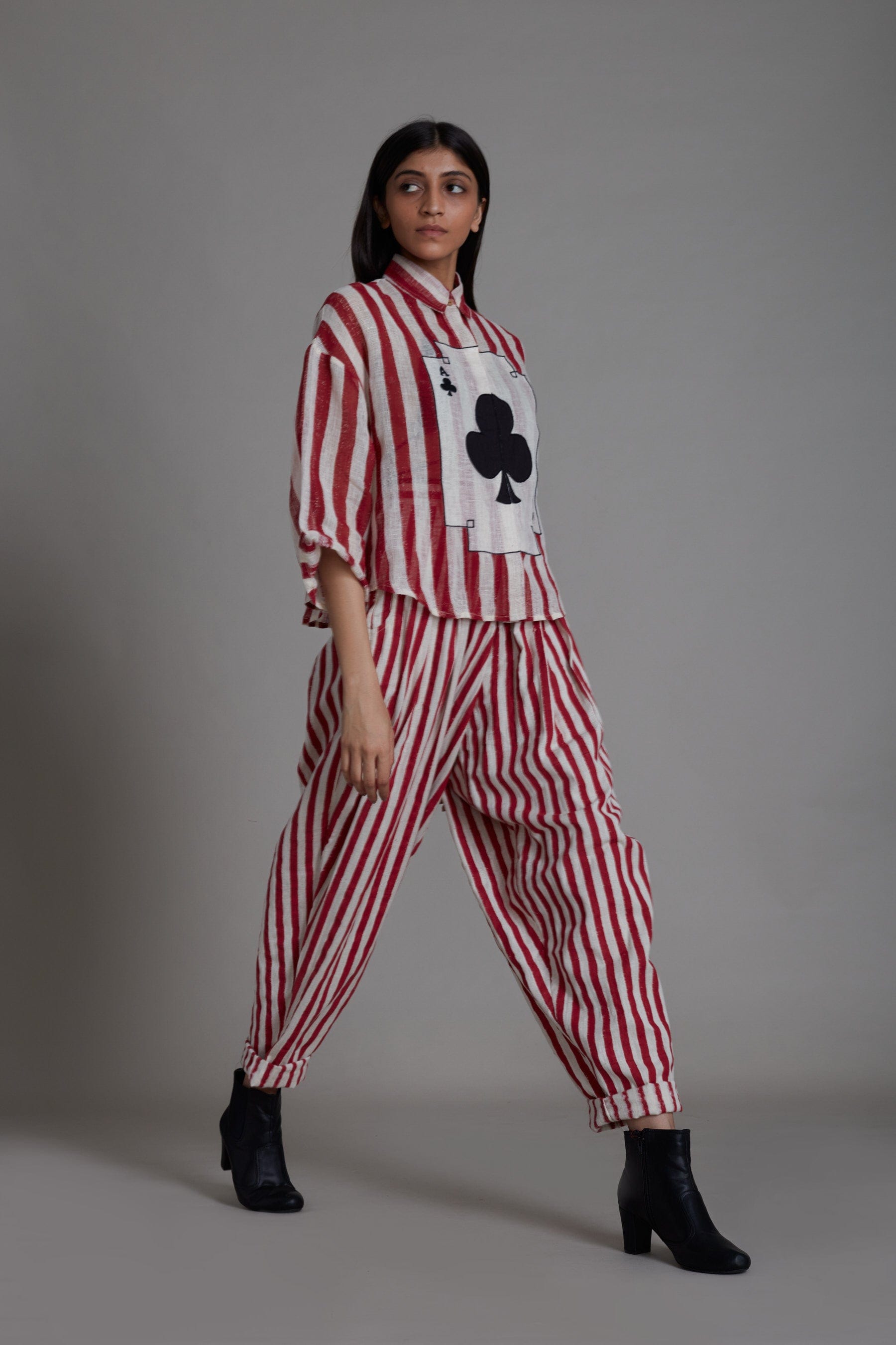 Handmade in Pure Linen & Cotton Red & White Striped Embroidered Coord Set by Sustainable Clothing Label MATI