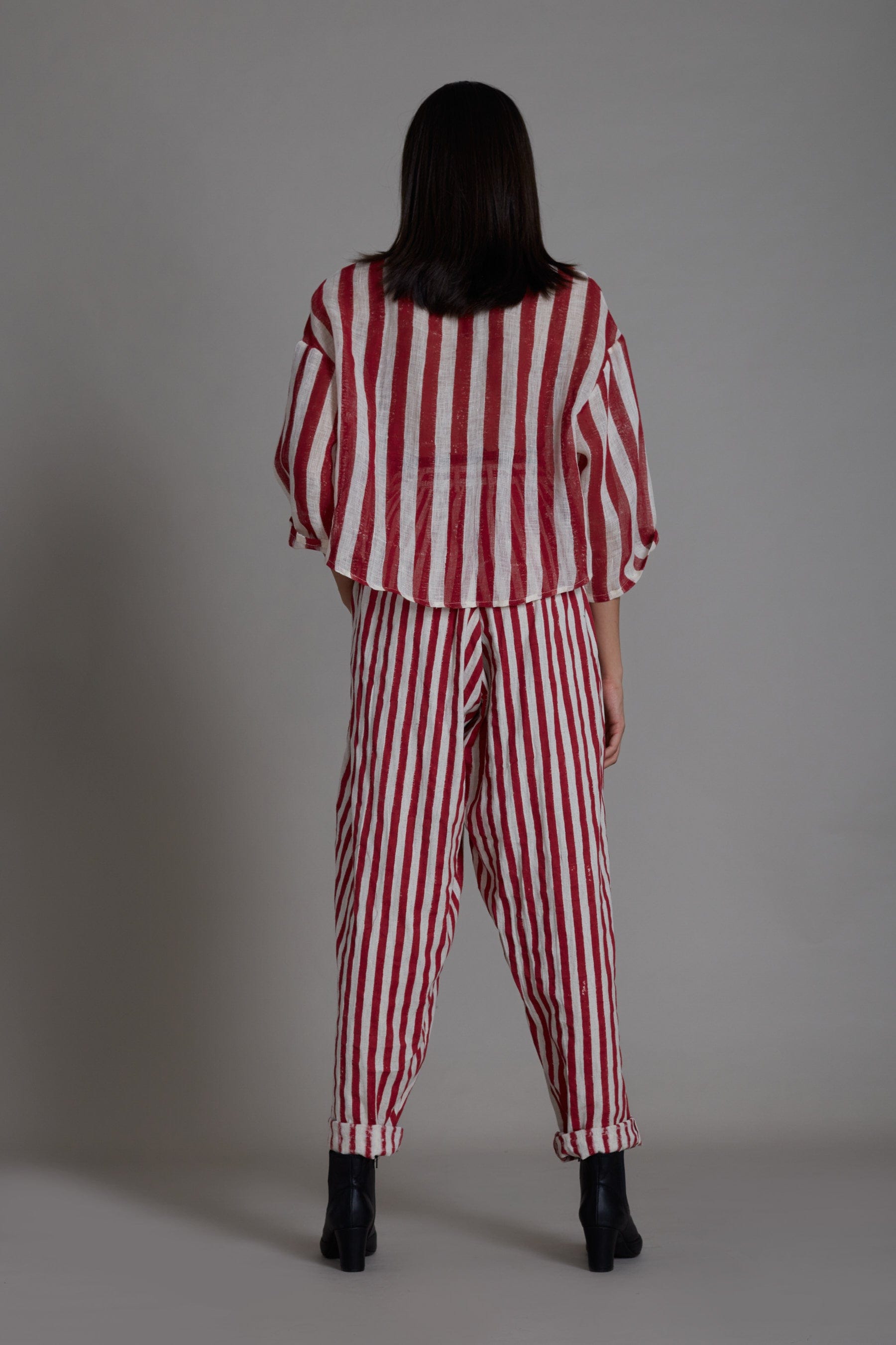 Handmade in Pure Linen & Cotton Red & White Striped Embroidered Coord Set by Sustainable Clothing Label MATI