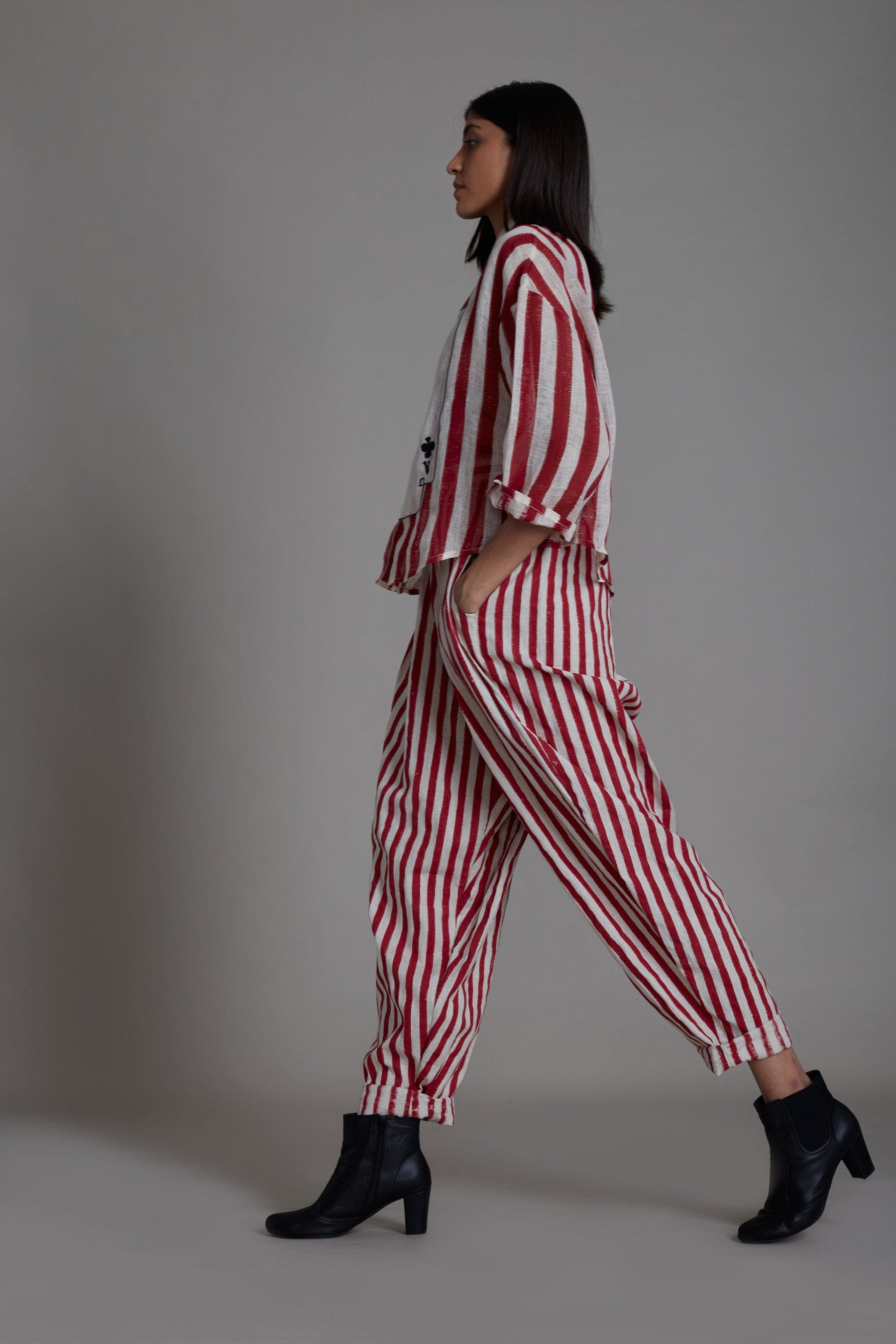 Handmade in Pure Linen & Cotton Red & White Striped Embroidered Coord Set by Sustainable Clothing Label MATI