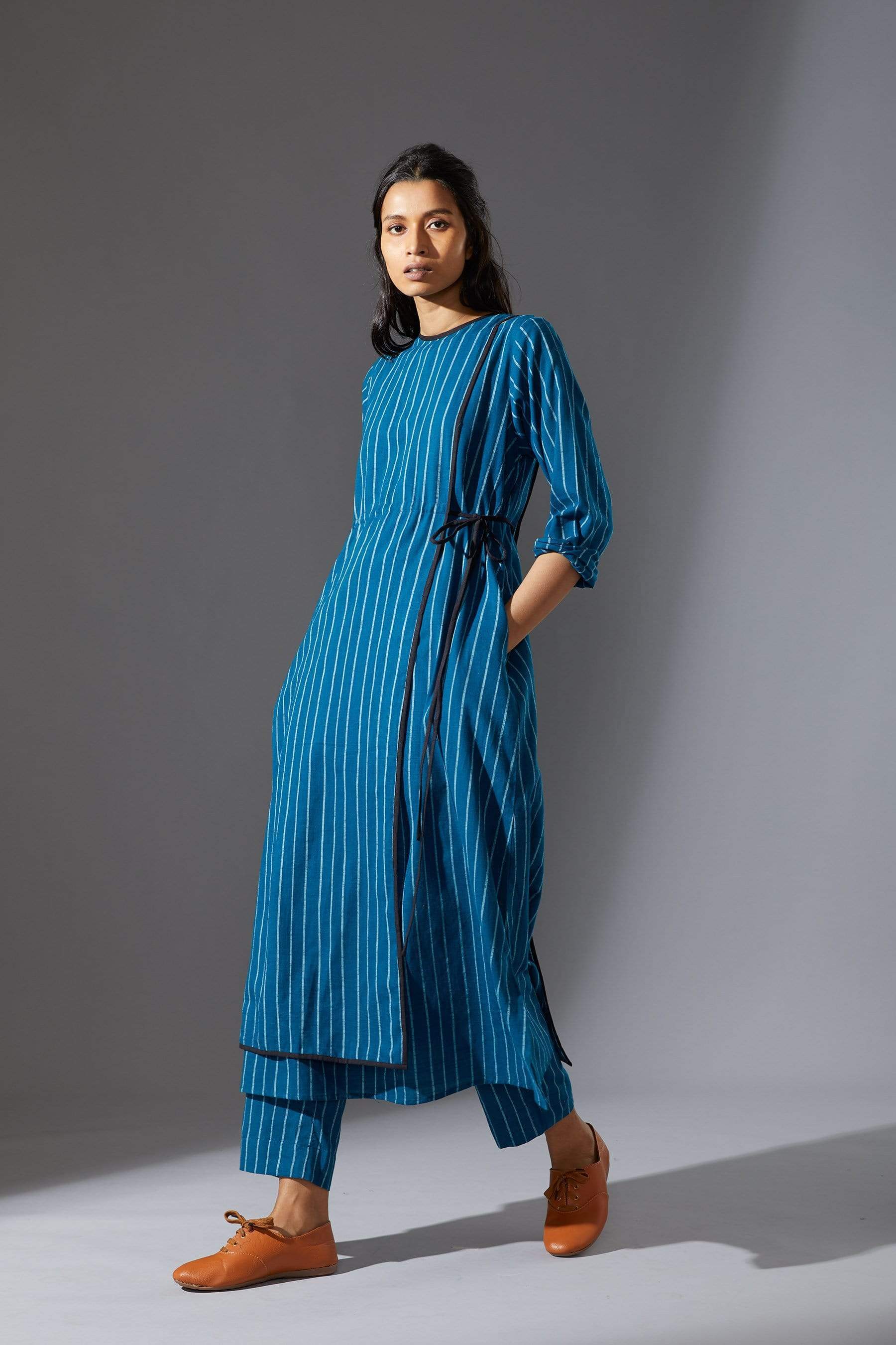 Handcrafted from Handwoven Organic Cotton, Striped Blue Overlap Tunic Coord Sets for Women by Sustainable Fashion Designer Clothing Label MATI