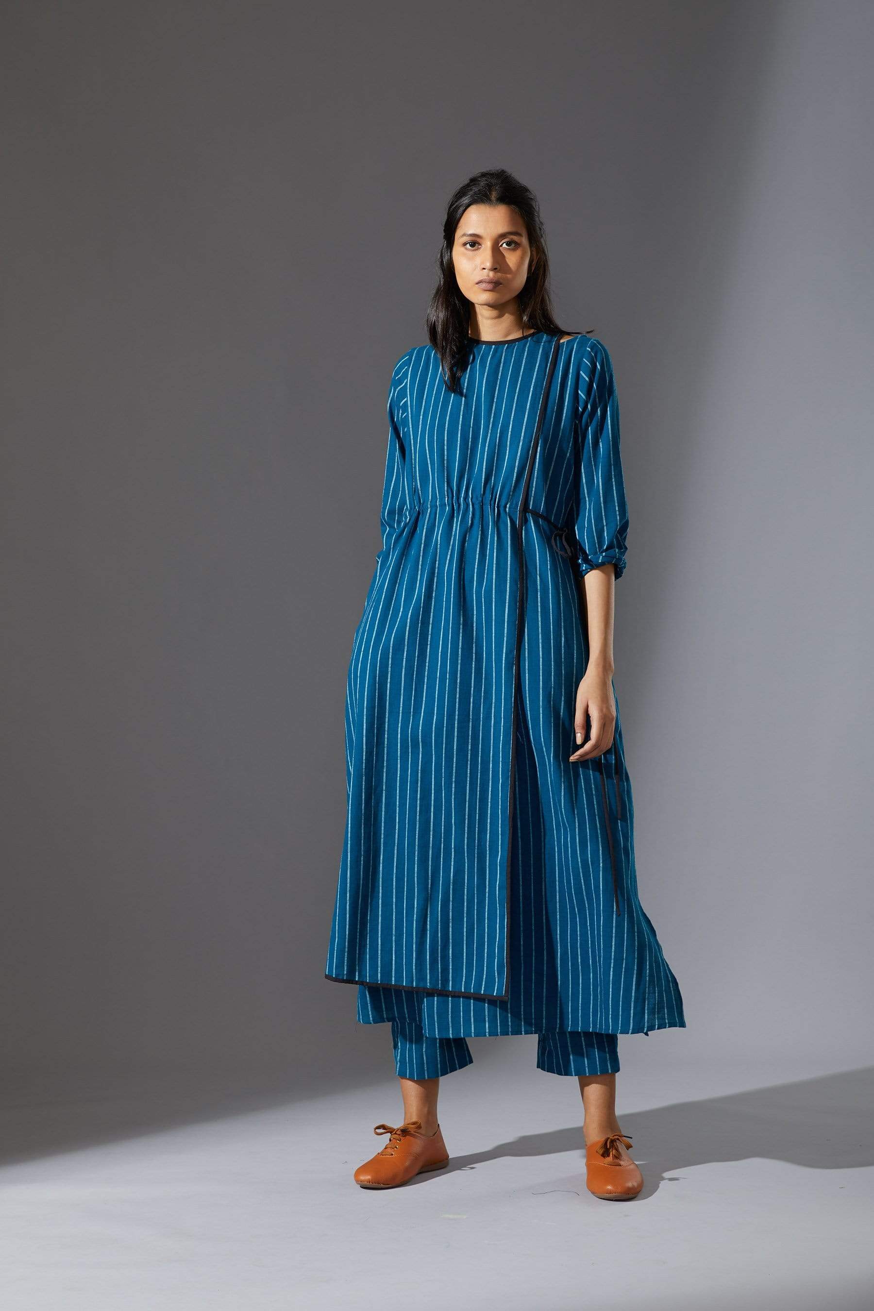 Handcrafted from Handwoven Organic Cotton, Striped Blue Overlap Tunic Coord Sets for Women by Sustainable Fashion Designer Clothing Label MATI