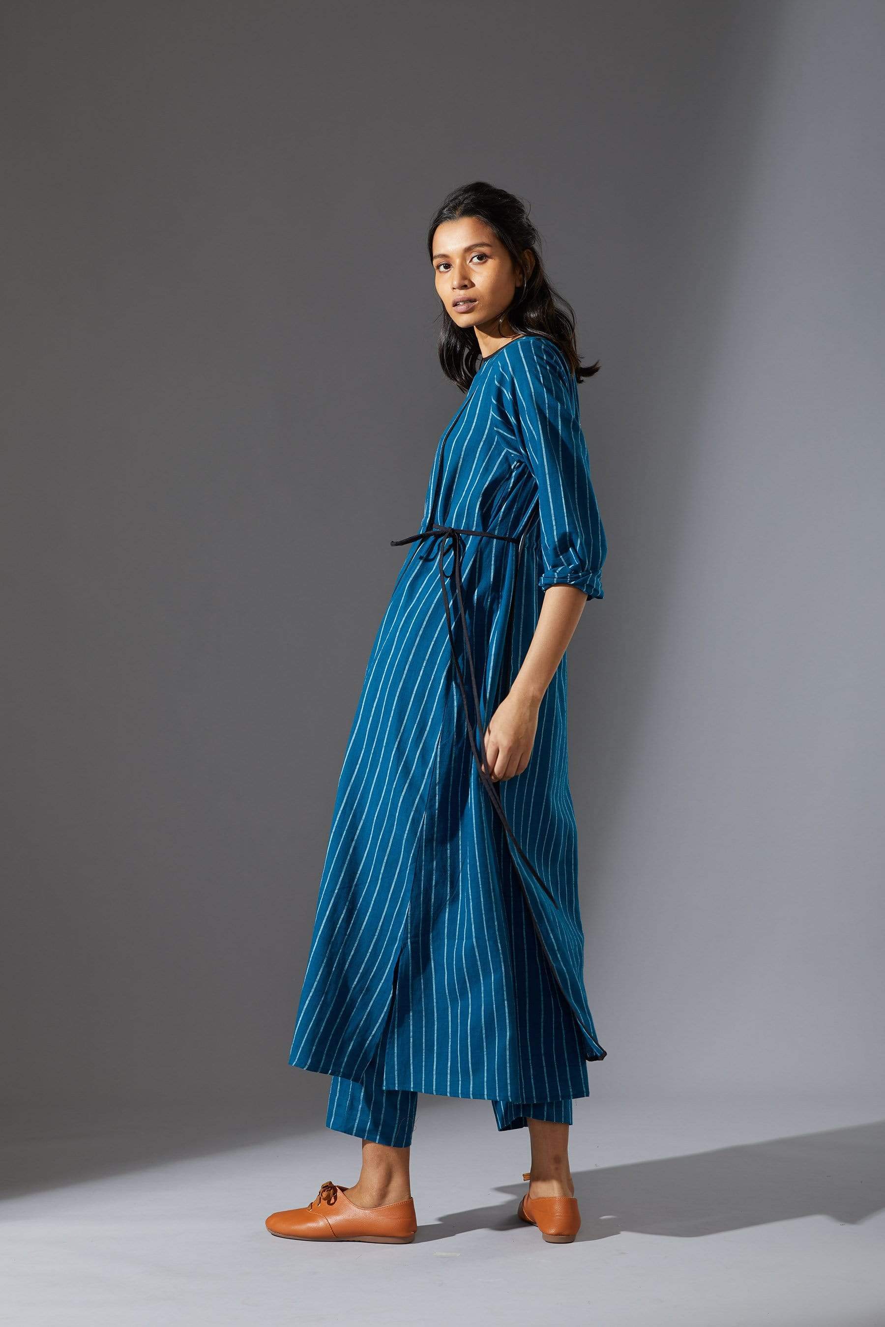 Handcrafted from Handwoven Organic Cotton, Striped Blue Overlap Tunic Coord Sets for Women by Sustainable Fashion Designer Clothing Label MATI