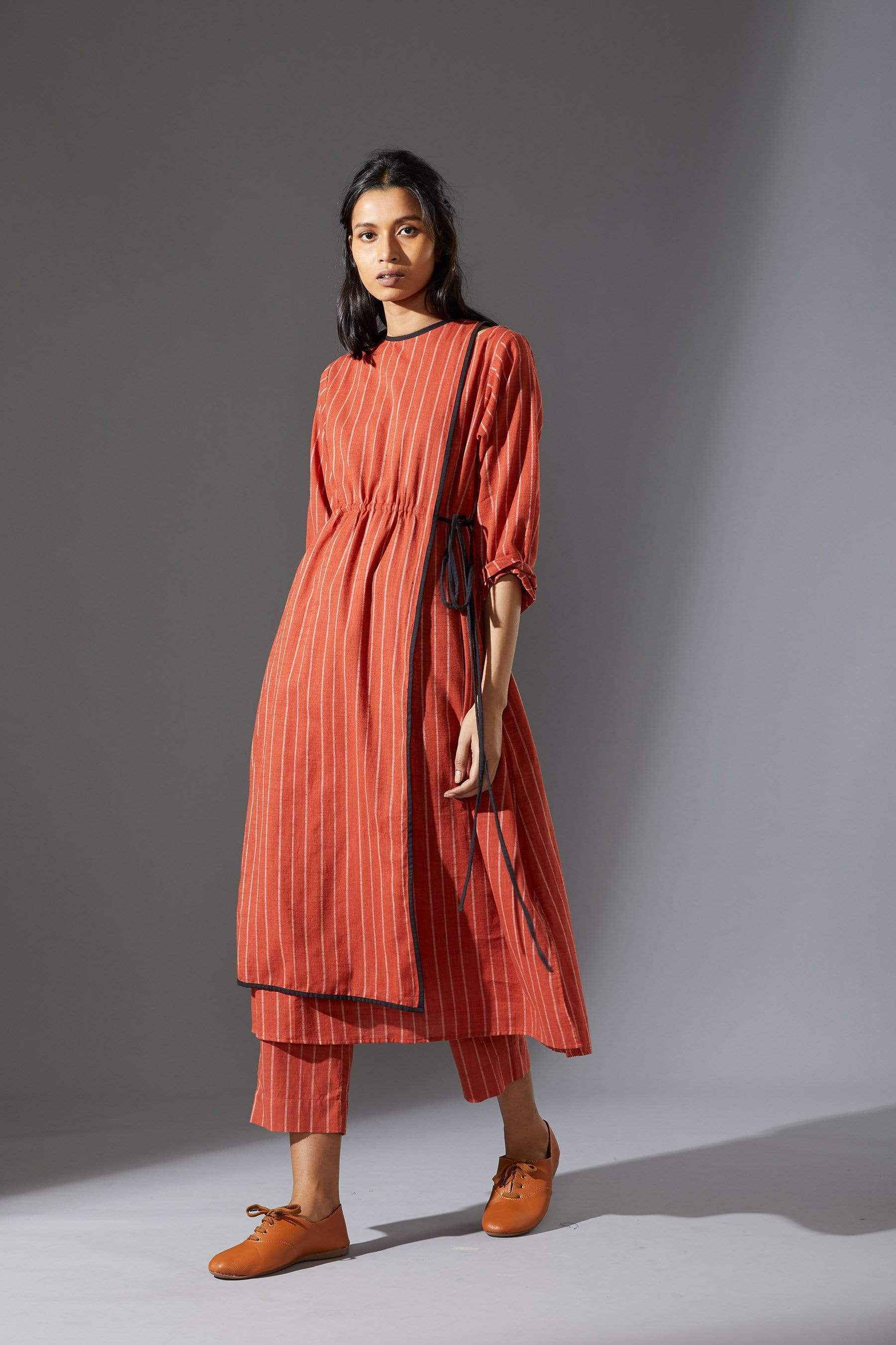Handcrafted from Handwoven Organic Cotton, Striped Rust Coord Set for Women by Sustainable Fashion Designer Clothing Label MATI