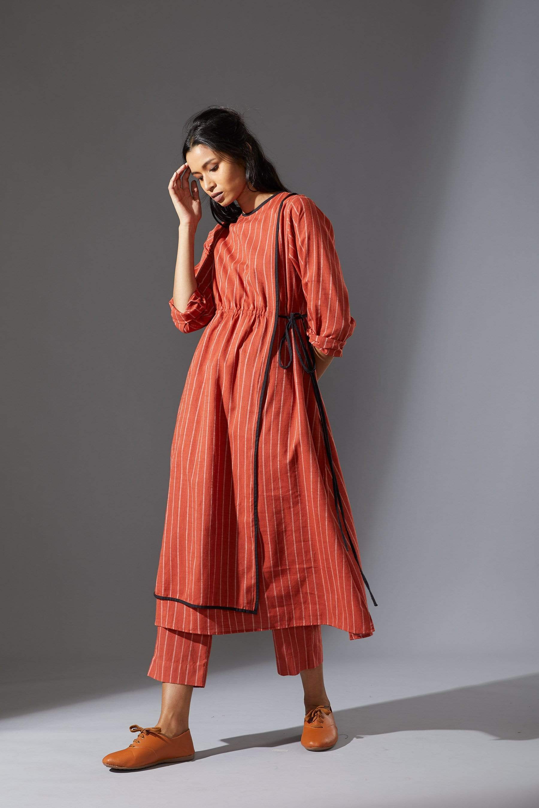 Handcrafted from Handwoven Organic Cotton, Striped Rust Coord Set for Women by Sustainable Fashion Designer Clothing Label MATI