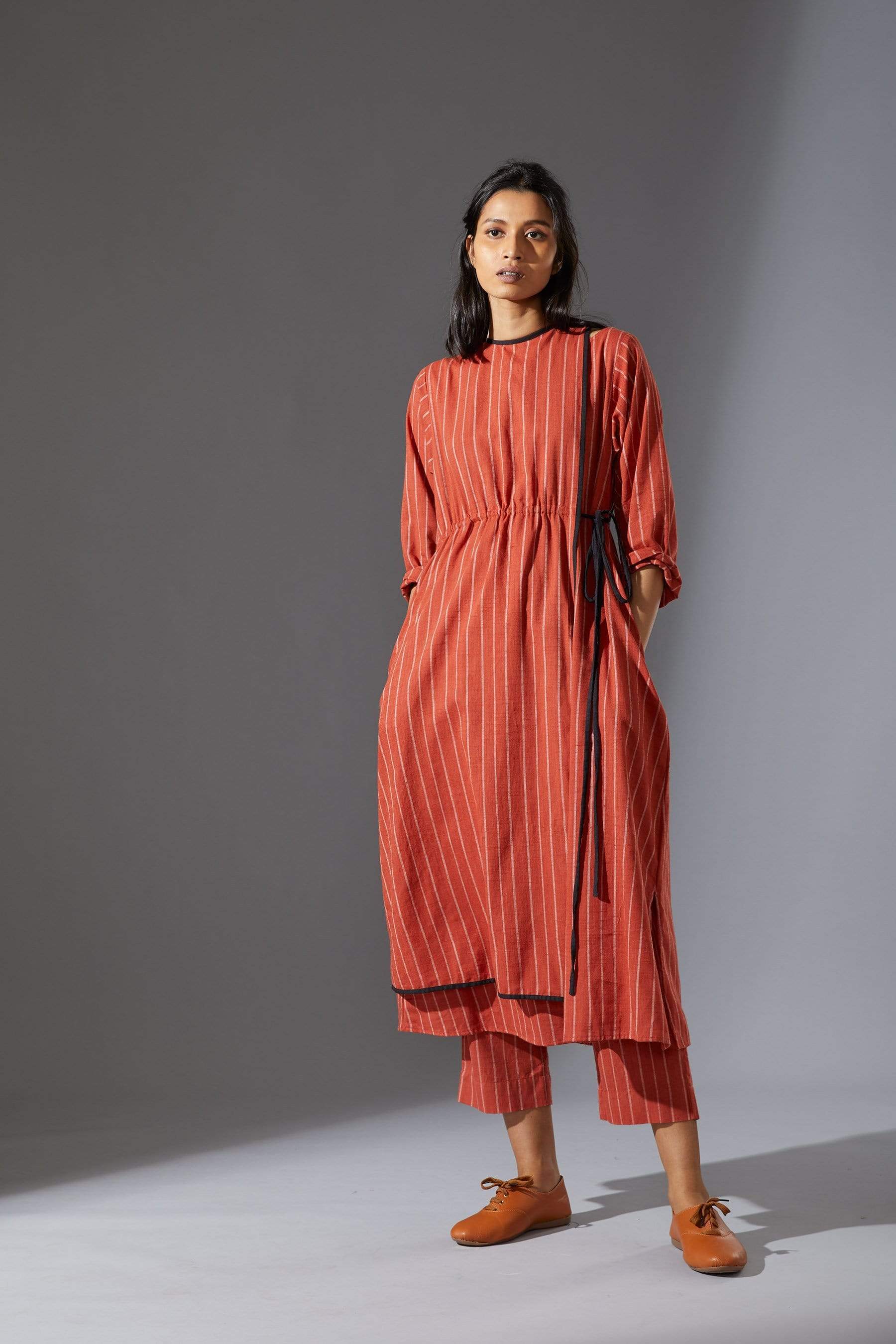 Handcrafted from Handwoven Organic Cotton, Striped Rust Coord Set for Women by Sustainable Fashion Designer Clothing Label MATI