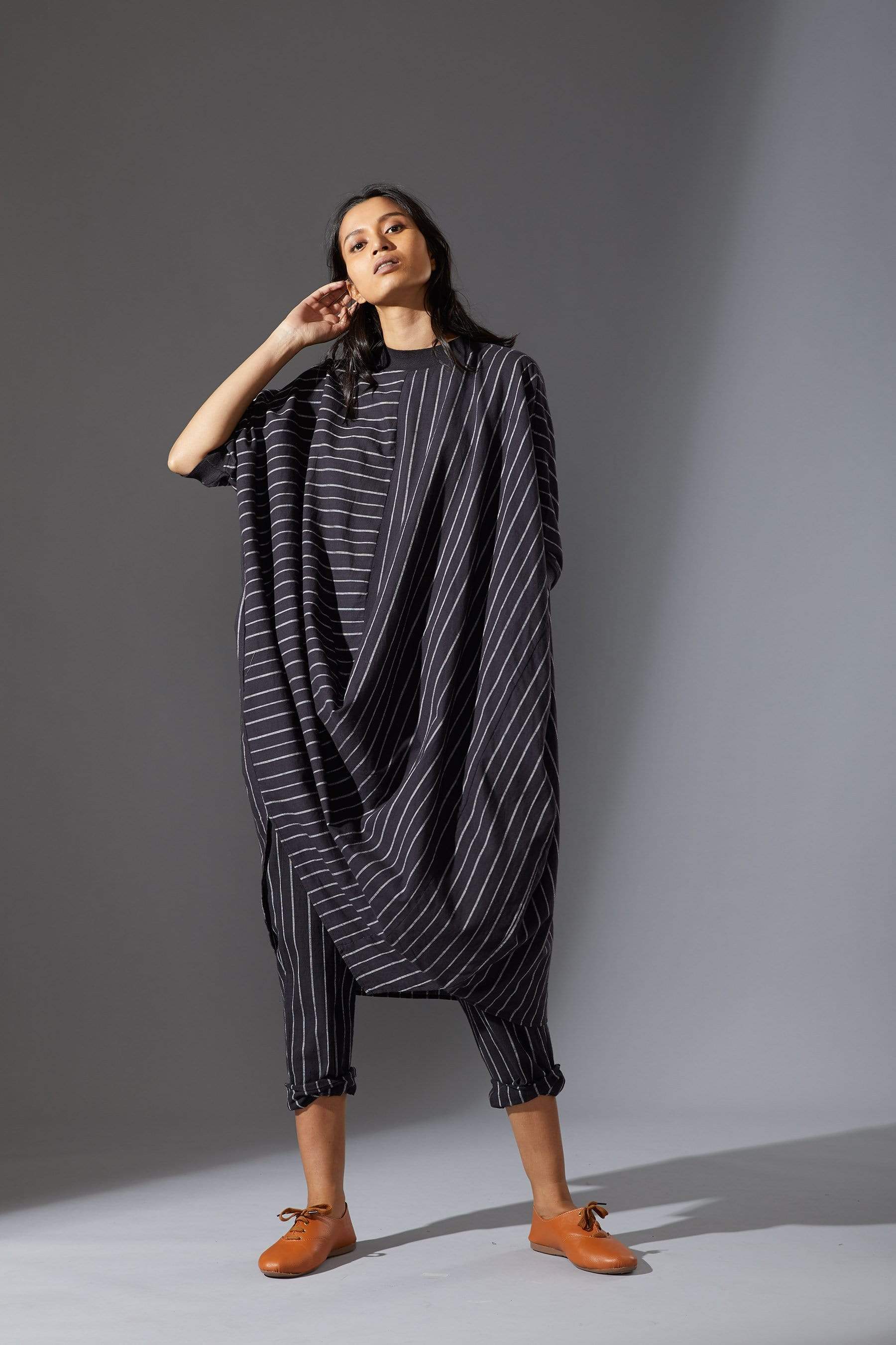Handcrafted from Handwoven Organic Cotton, Striped Black Cowl Tunic Coord Sets for Women by Sustainable Fashion Designer Clothing Label MATI