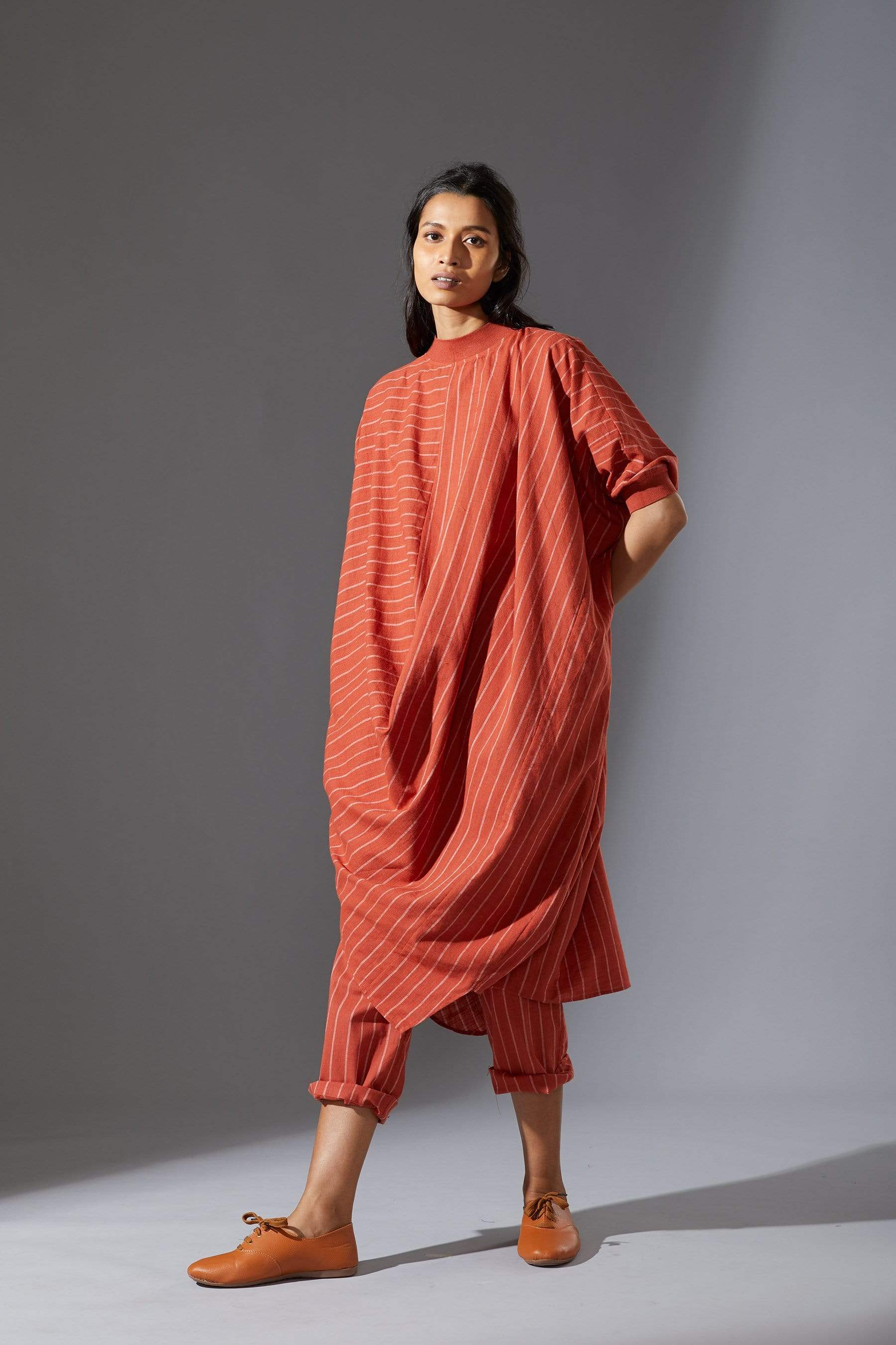 Handcrafted from Handwoven Organic Cotton, Striped Rust Cowl Tunic Coord Sets for Women by Sustainable Fashion Designer Clothing Label MATI