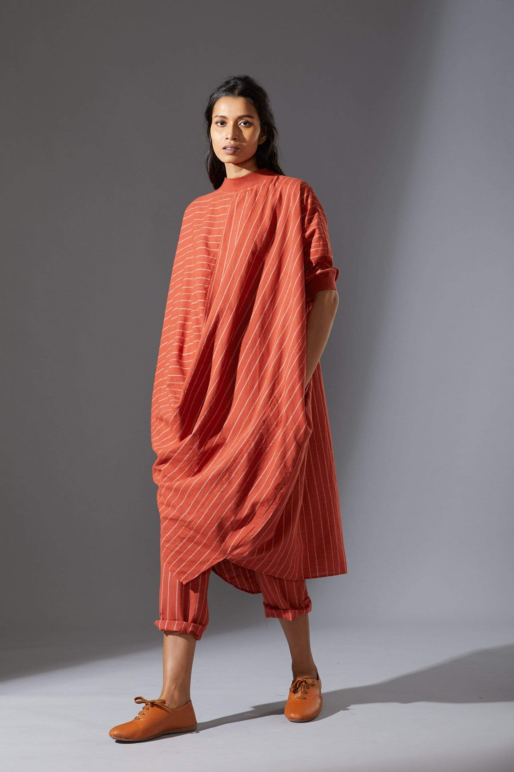 Handcrafted from Handwoven Organic Cotton, Striped Rust Tunic Coord Sets for Women by Sustainable Fashion Designer Clothing Label MATI