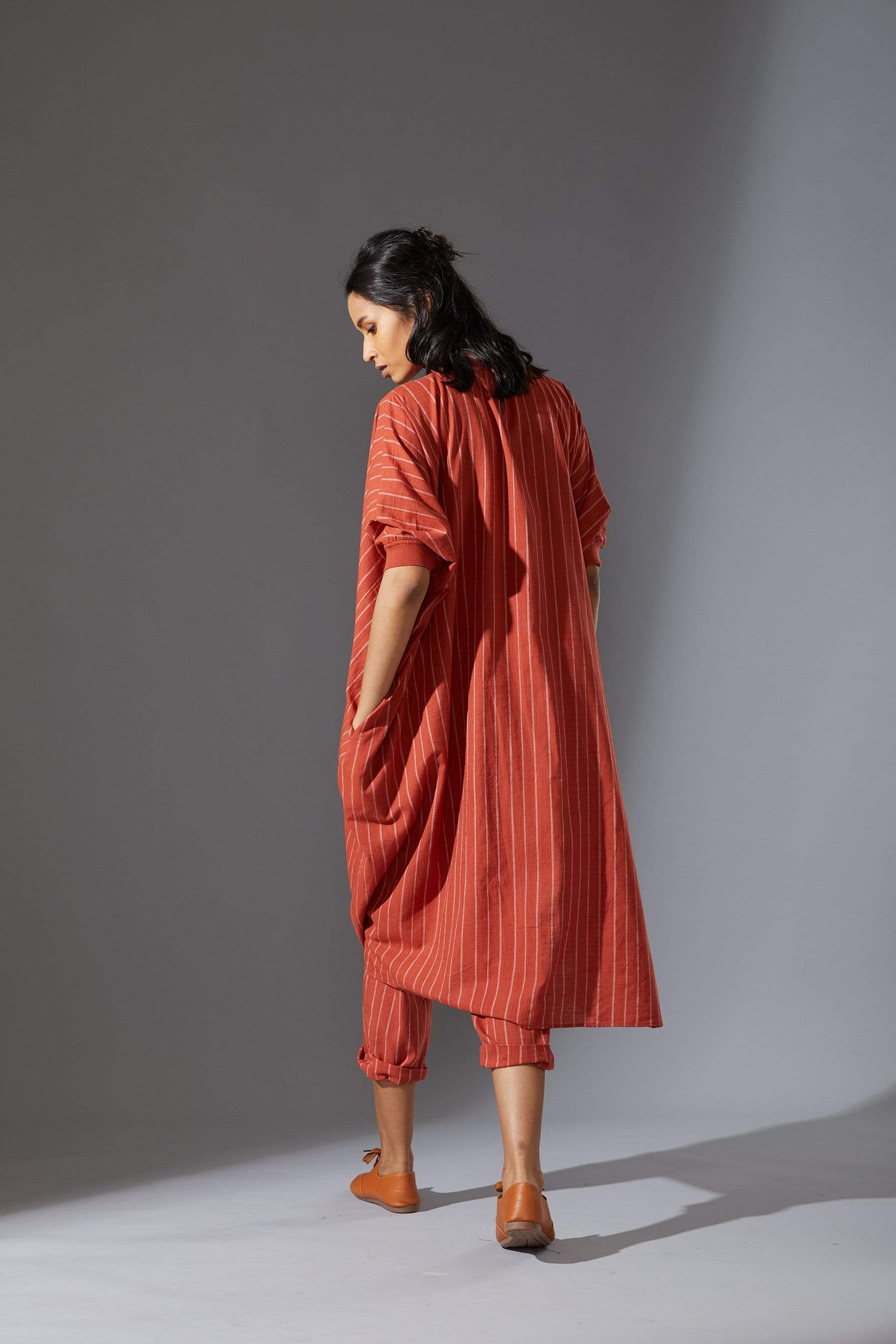 Handcrafted from Handwoven Organic Cotton, Striped Rust Tunic Coord Sets for Women by Sustainable Fashion Designer Clothing Label MATI