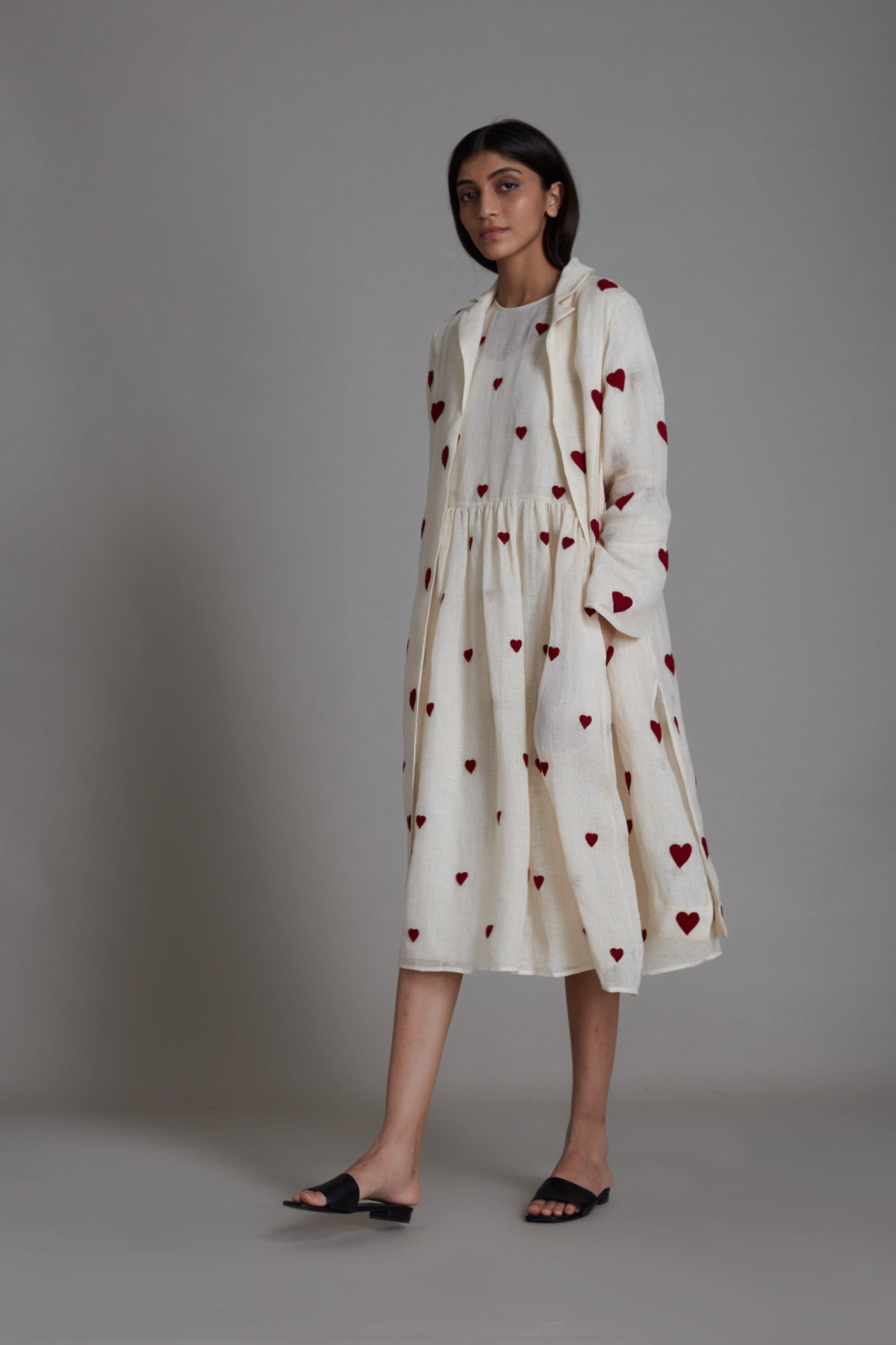 Handmade Pure Linen Offwhite Dress & Jacket Set with Thread Embroidery by Sustainable Clothing Label MATI
