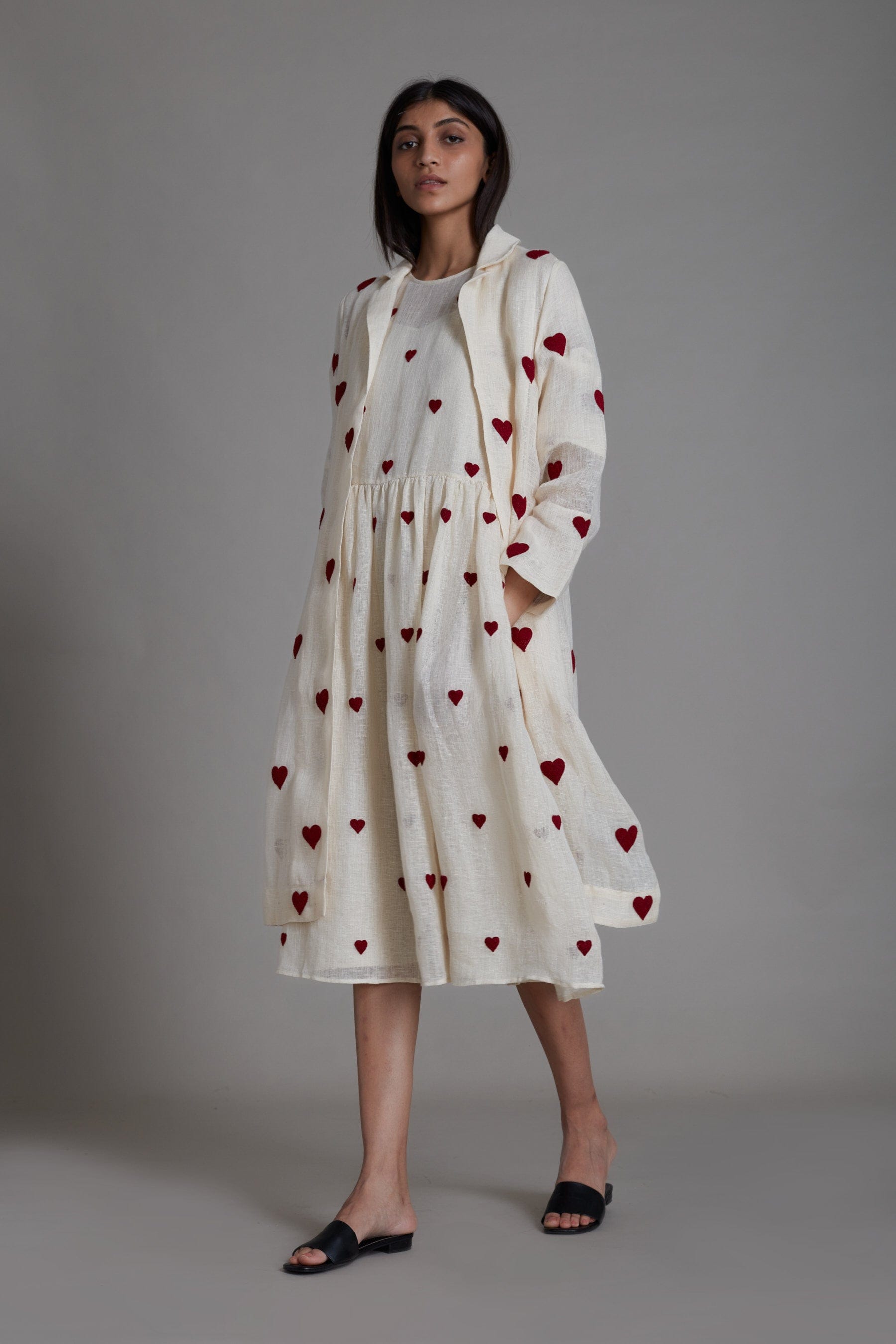 Handmade Pure Linen Offwhite Dress & Jacket Set with Thread Embroidery by Sustainable Clothing Label MATI