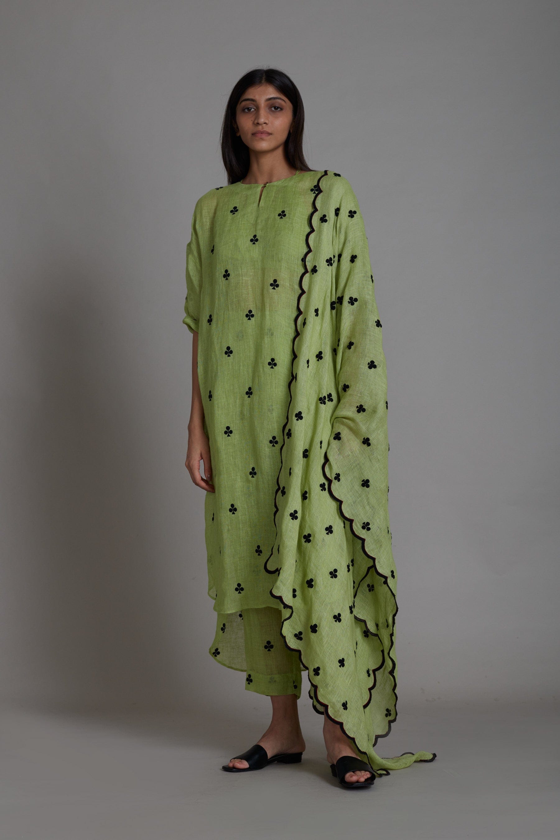 Pure Linen coord set in Green with Embroidered Motifs by Sustainable Clothing Label MATI