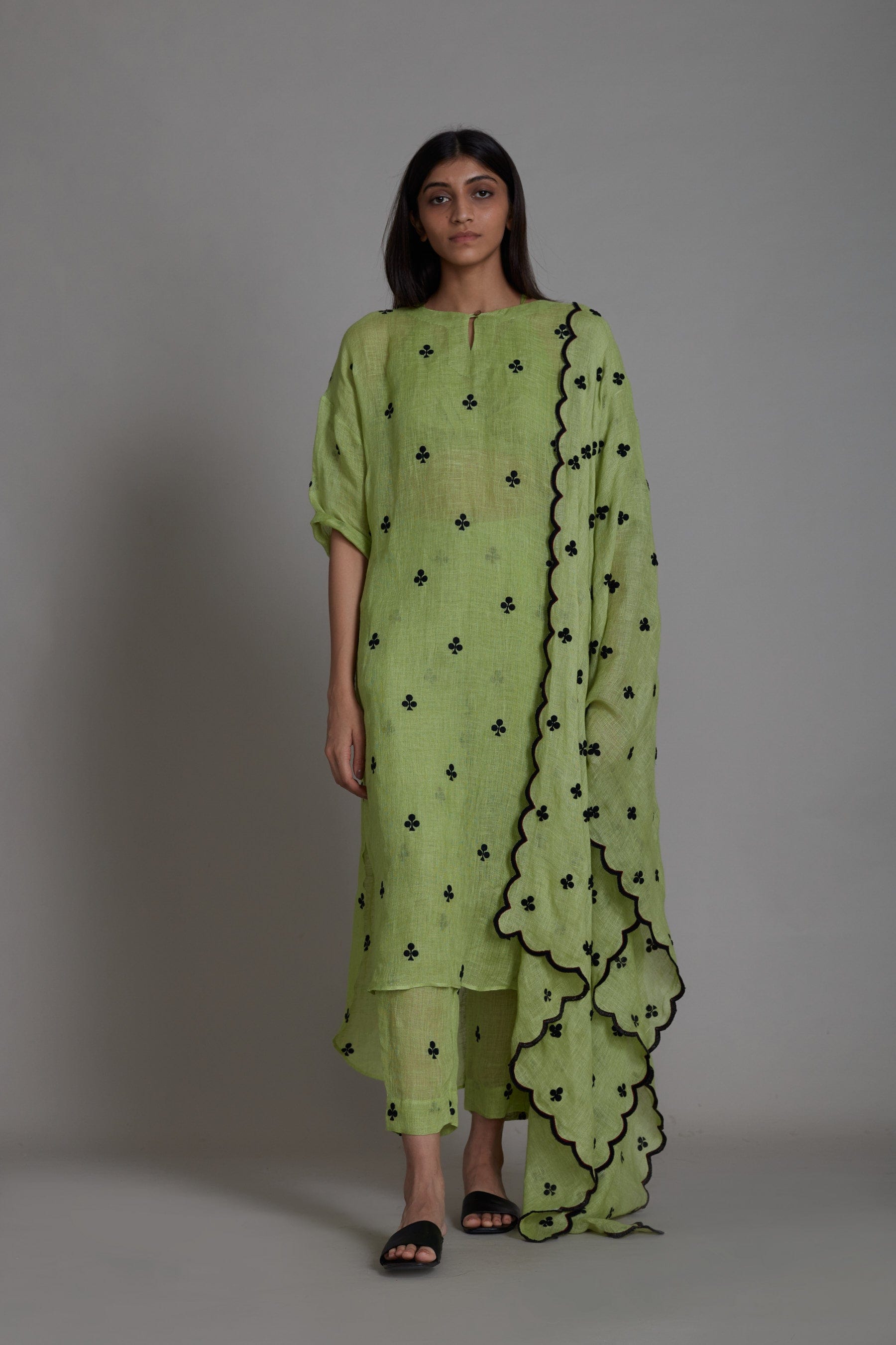 Pure Linen coord set in Green with Embroidered Motifs by Sustainable Clothing Label MATI