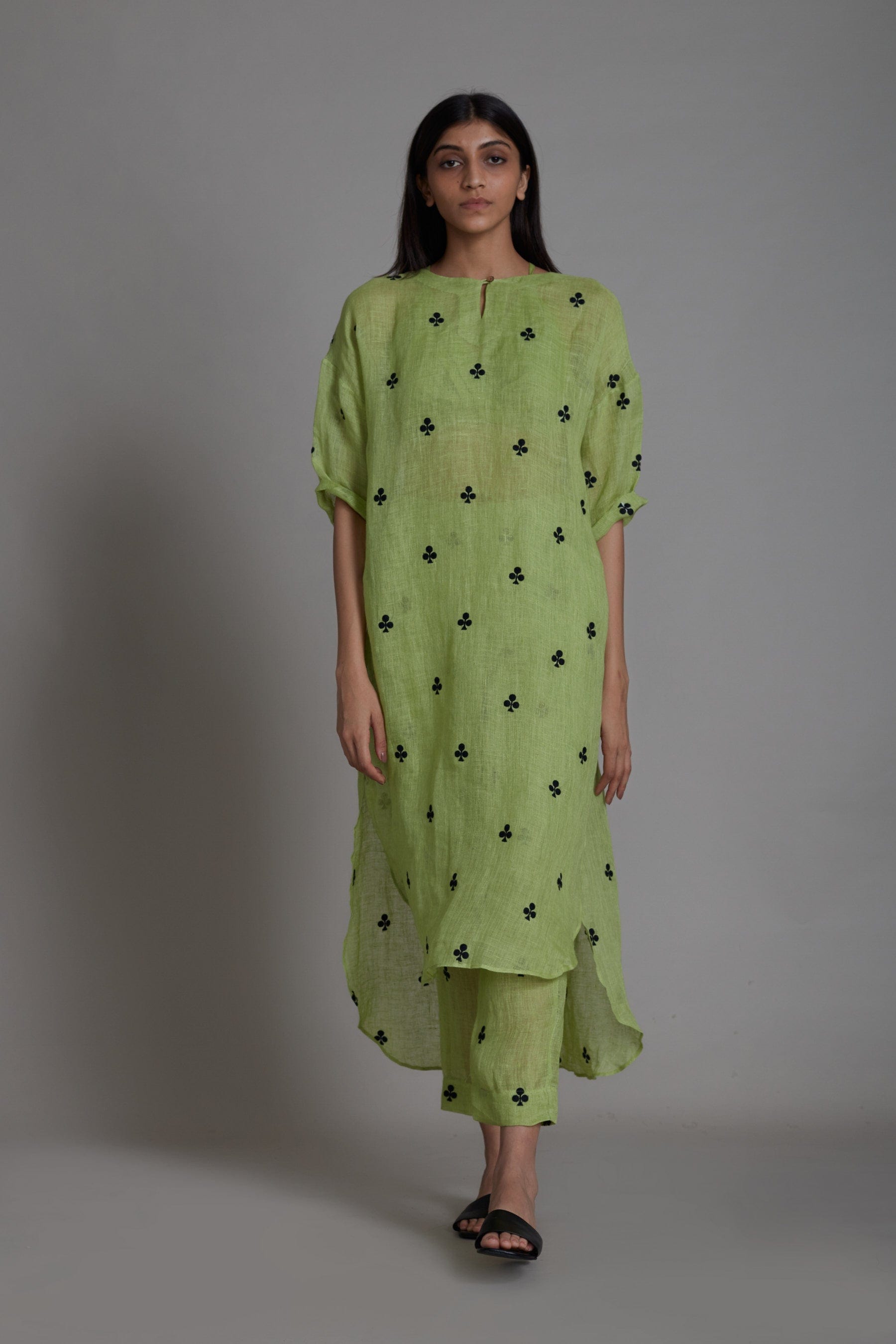 Handmade Pure Linen Green Coord Set with Thread Embroidery by Sustainable Clothing Label MATI