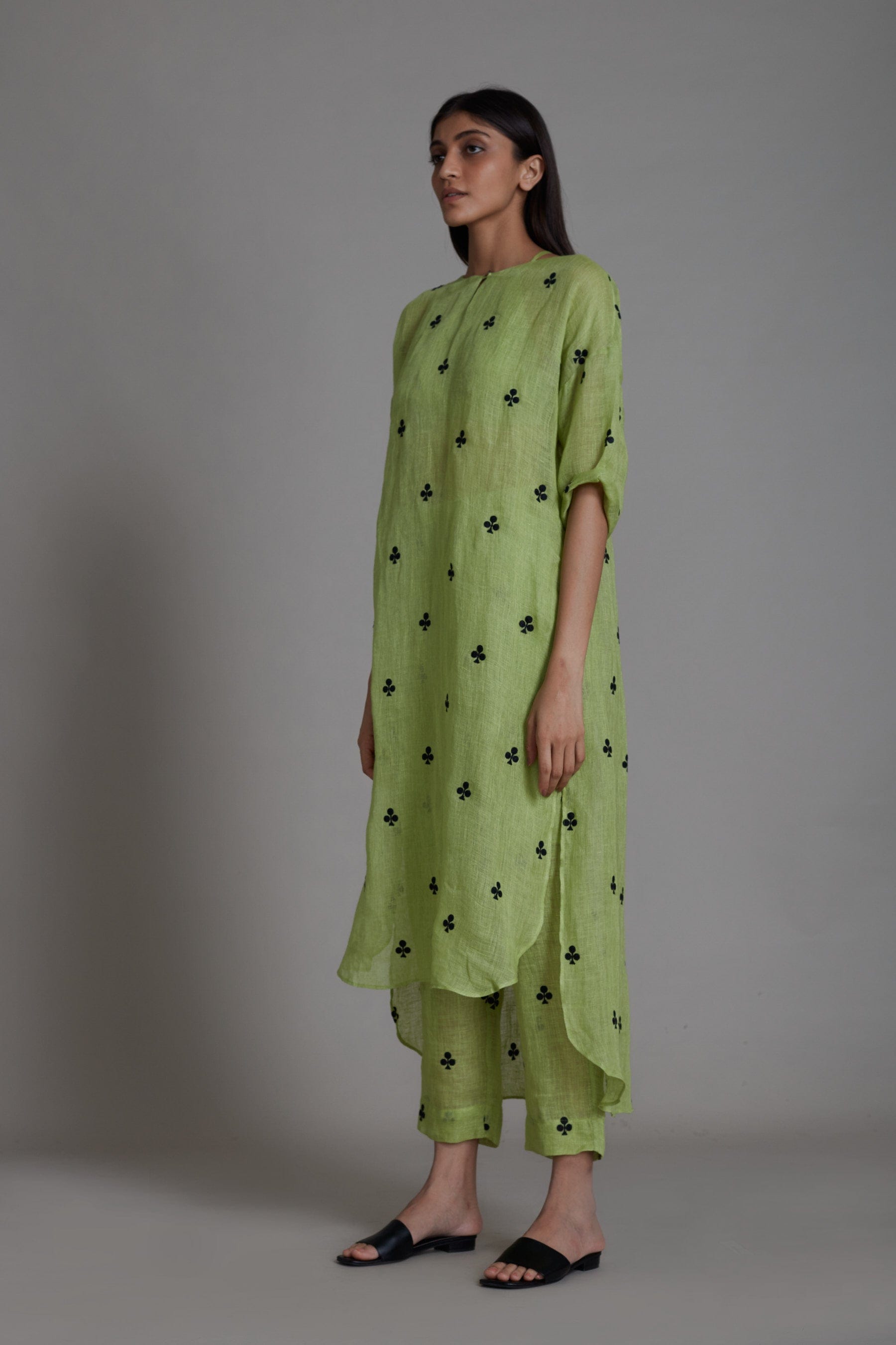 Handmade Pure Linen Green Coord Set with Thread Embroidery by Sustainable Clothing Label MATI