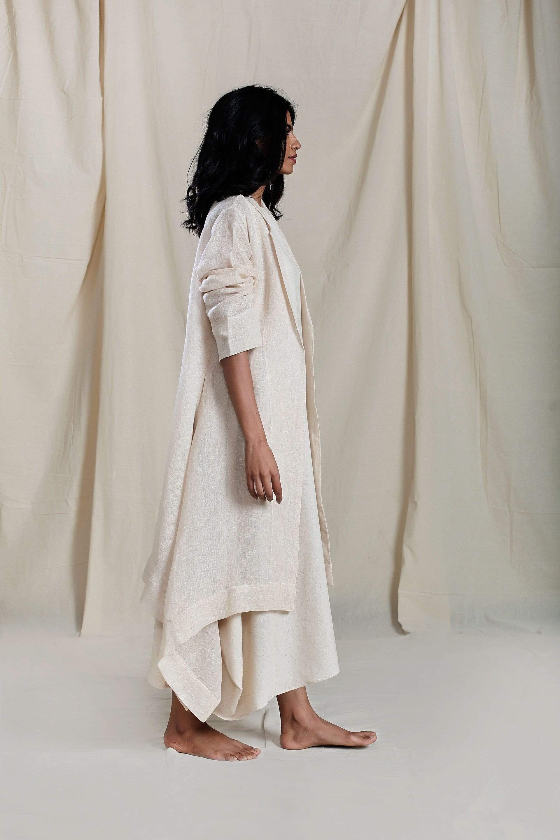 Handcrafted from Handwoven Organic Cotton, Offwhite Dress & Jacket Coord Set for Women by Sustainable Fashion Designer Clothing Label MATI