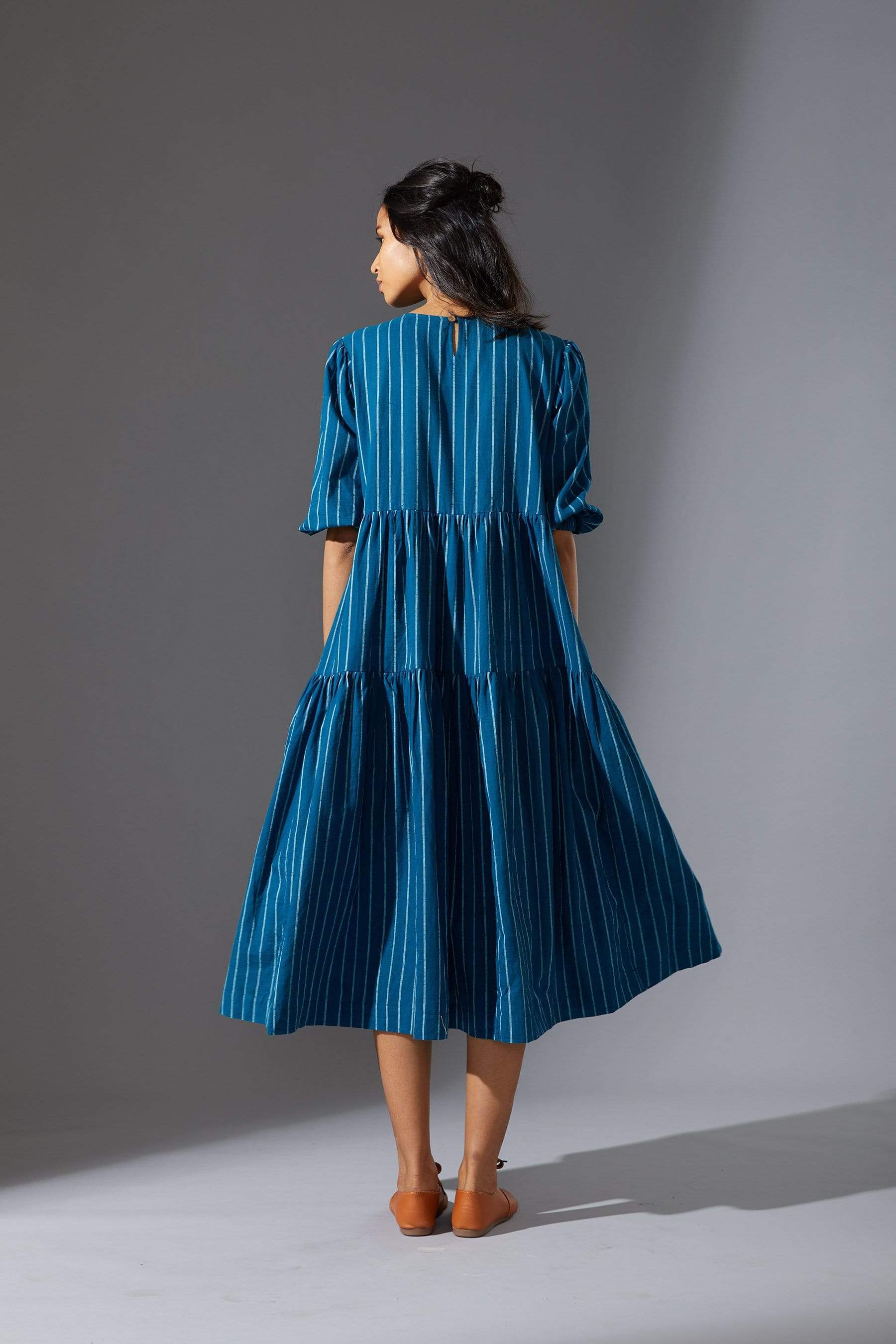 Handwoven cotton striped tiered dress in blue by MATI India — easy fit, size inclusive XS to 7XL