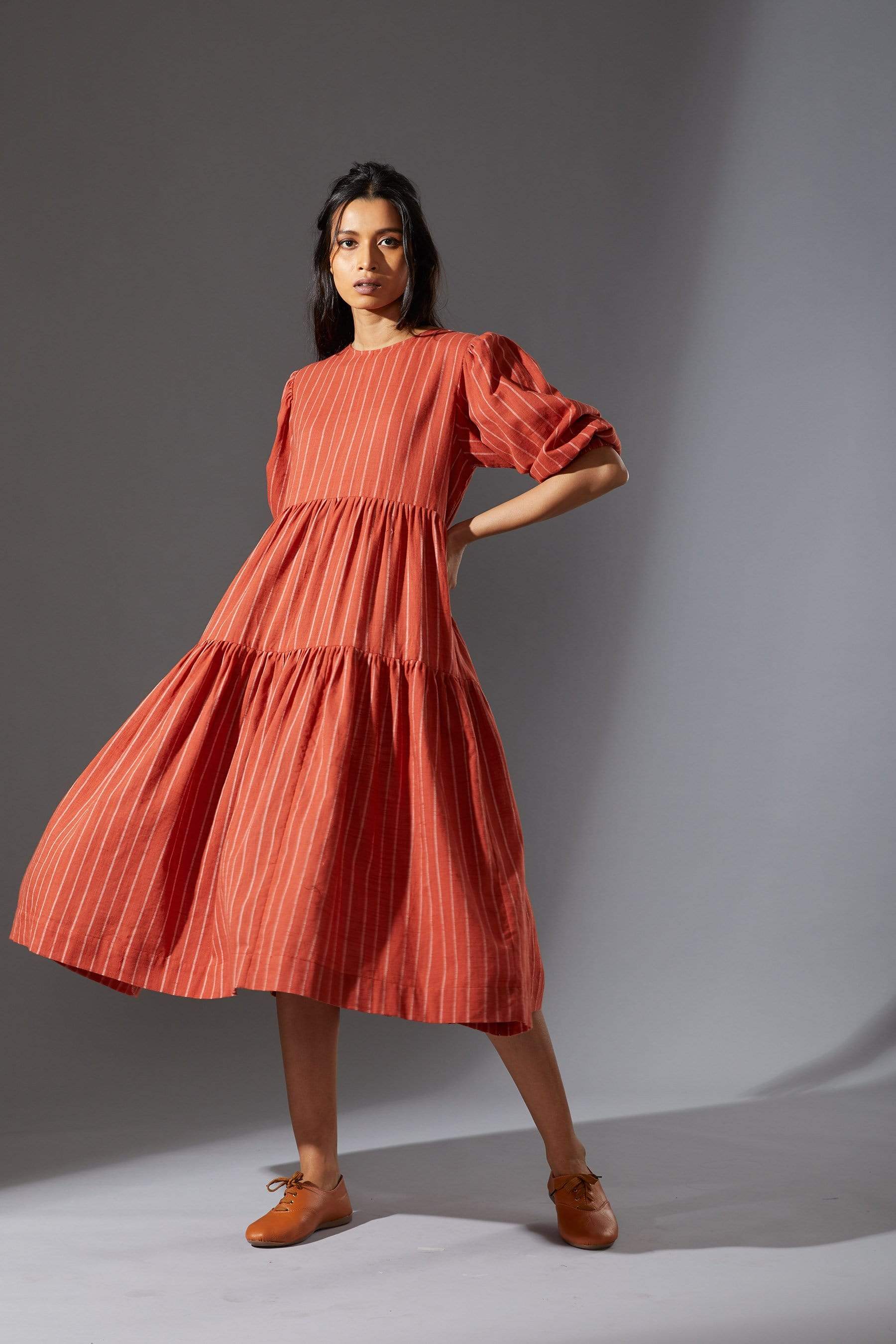Handwoven cotton striped tiered dress in rust by MATI India — easy fit, size inclusive XS to 7XL
