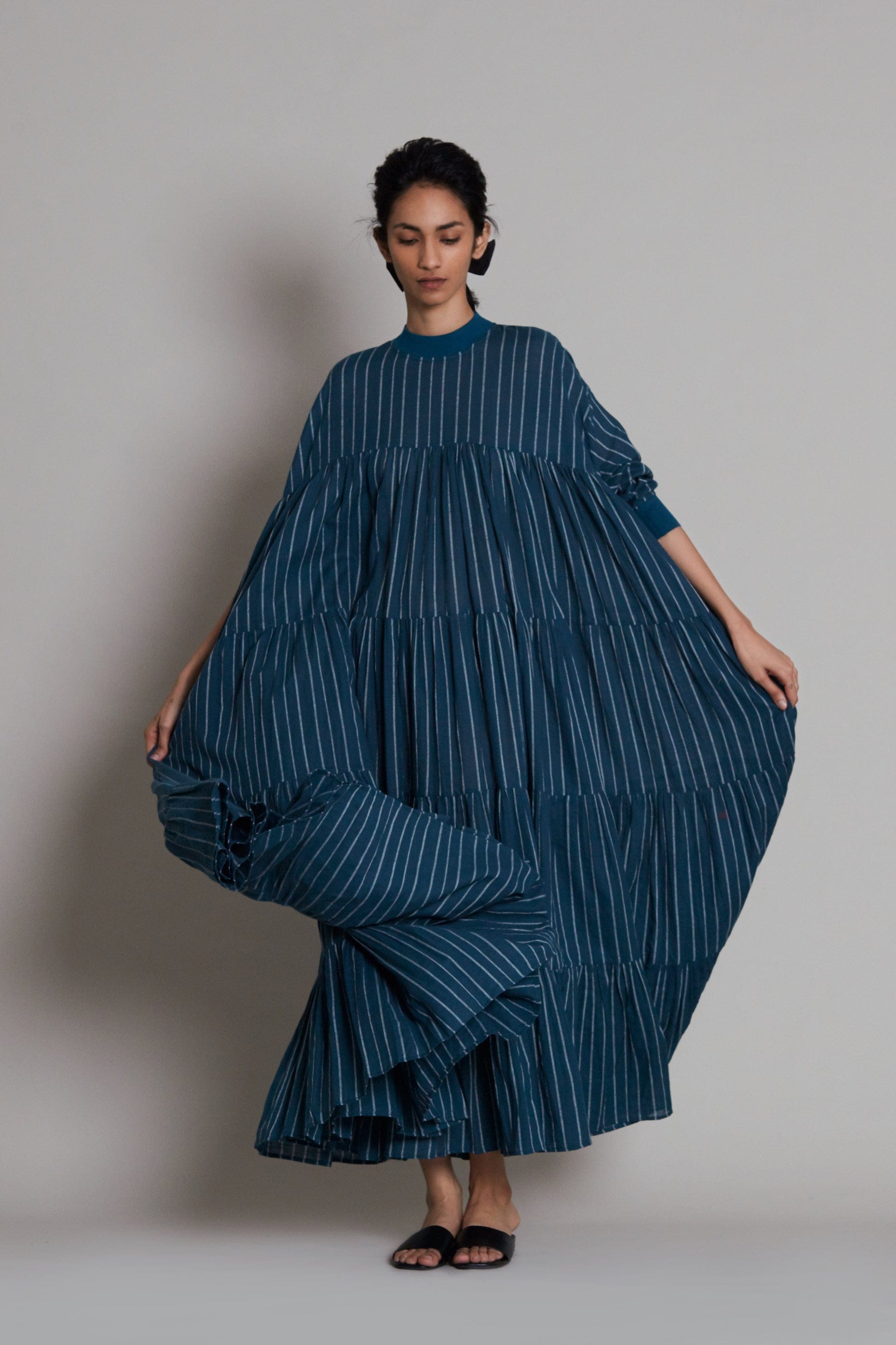 Handwoven cotton striped maxi dress in teal blue with voluminous frills and rib detailing, Azo-free dye, by MATI India