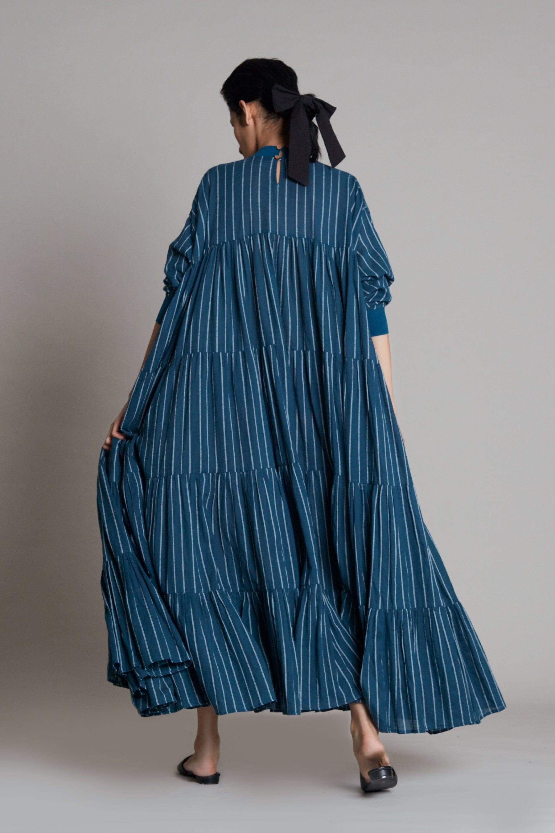 Handwoven cotton striped maxi dress in teal blue with voluminous frills and rib detailing, Azo-free dye, by MATI India