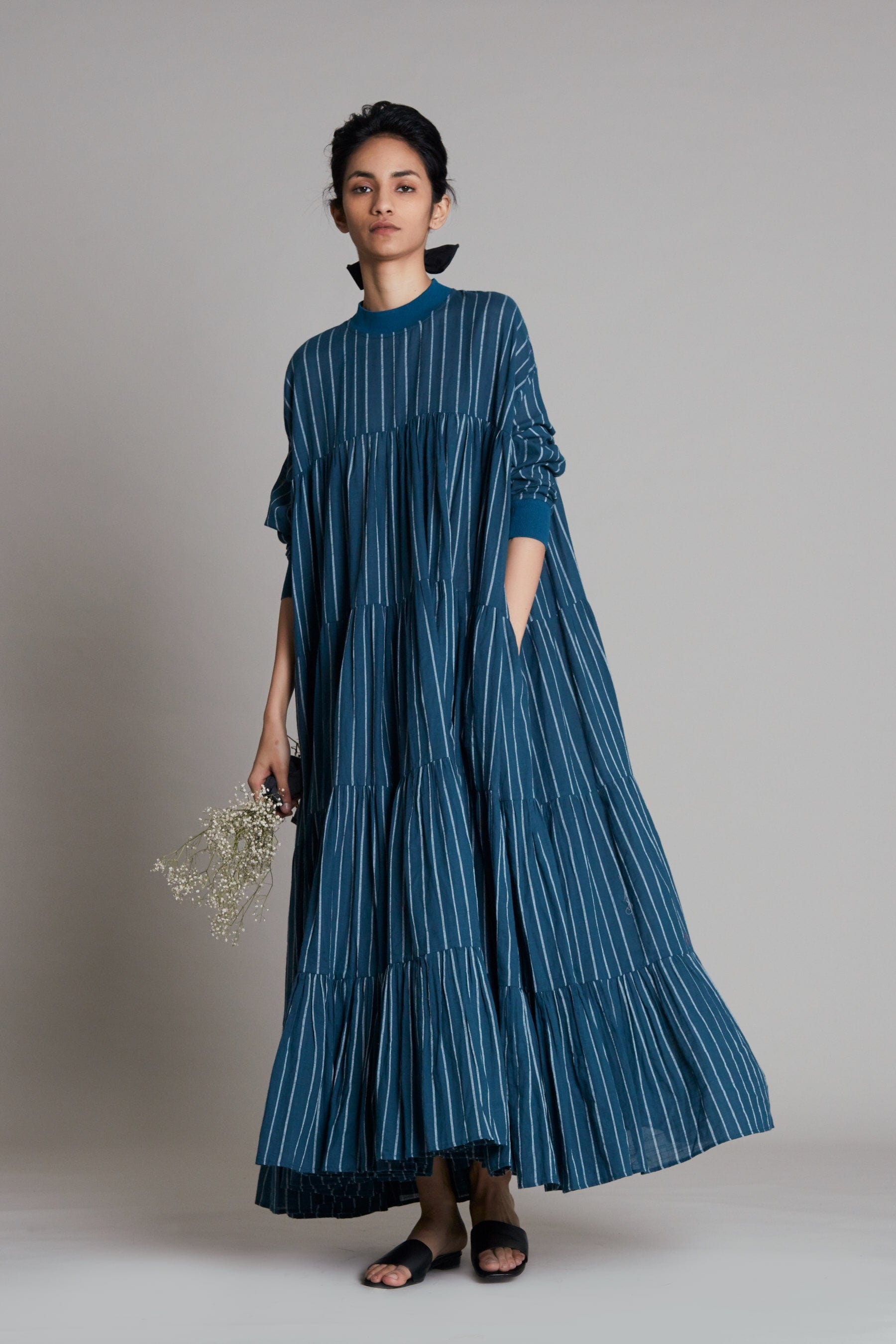 Handwoven cotton striped maxi dress in teal blue with voluminous frills and rib detailing, Azo-free dye, by MATI India