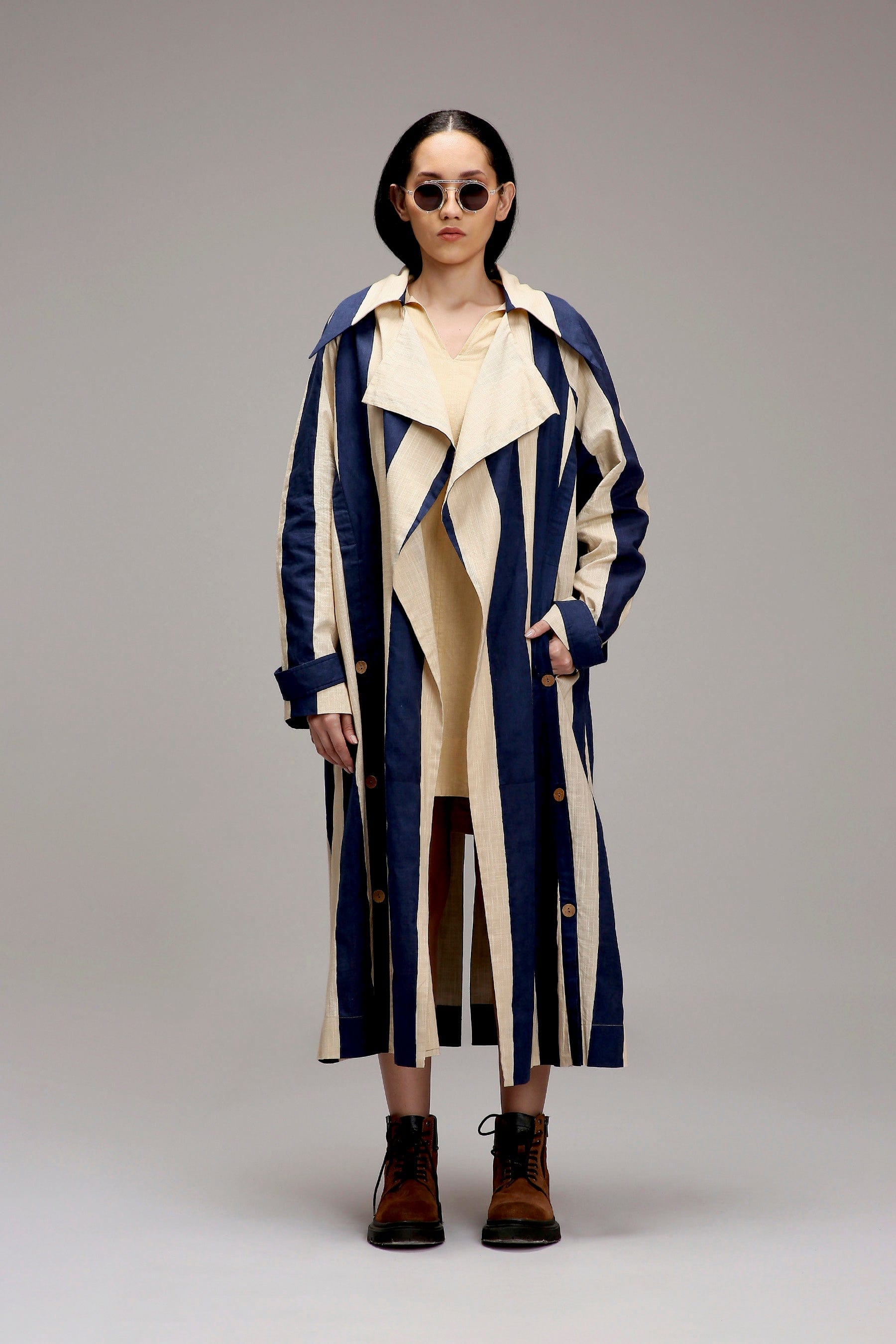 Handwoven cotton Egg-Shell (Off-White) A-line dress and joker embroidery stripe jacket full view by MATI India