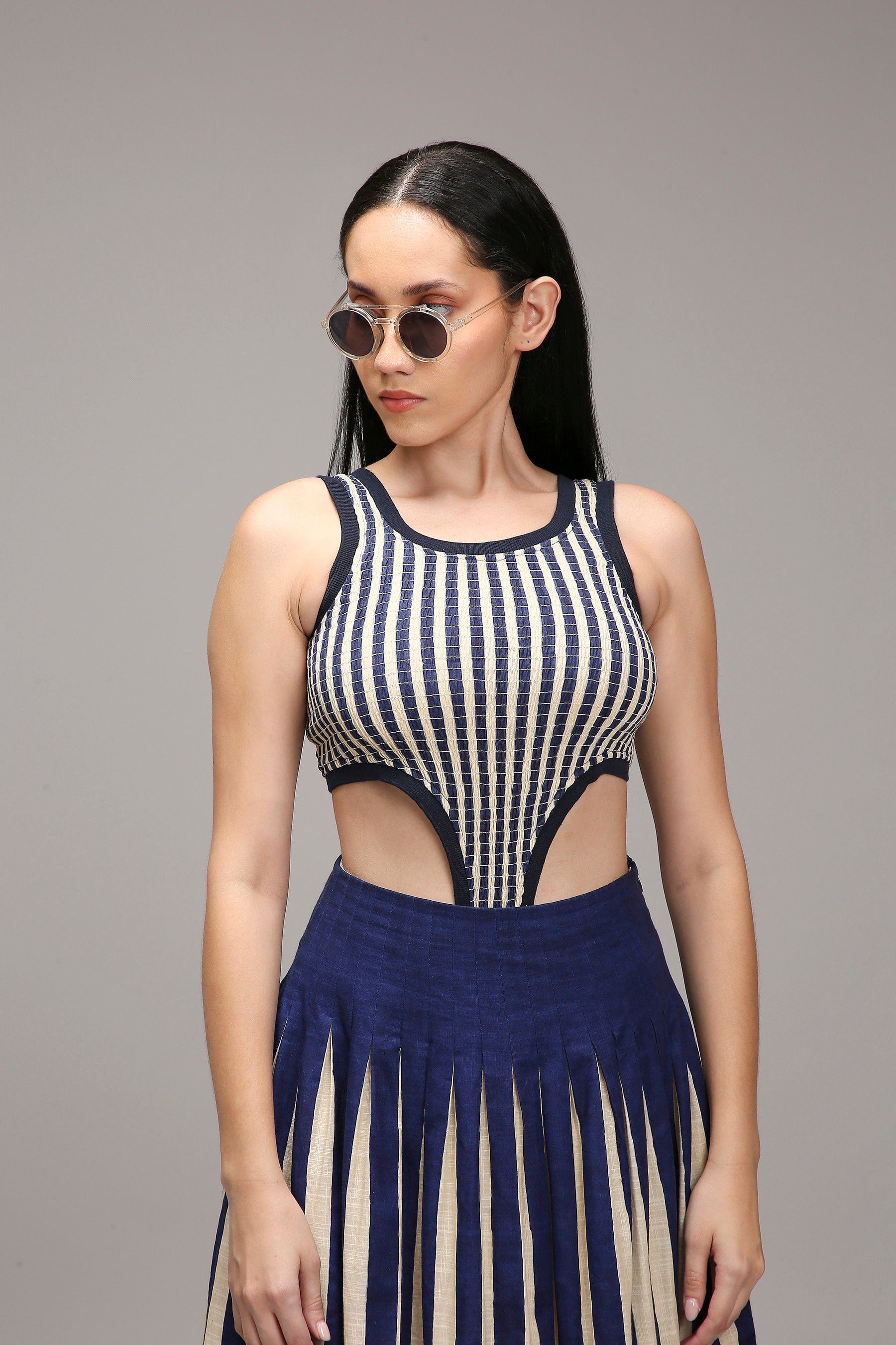 Handwoven cotton 2-piece bodysuit and skirt co-ord set Egg-Shell (Off-White) with dual striped pleated skirt by MATI India