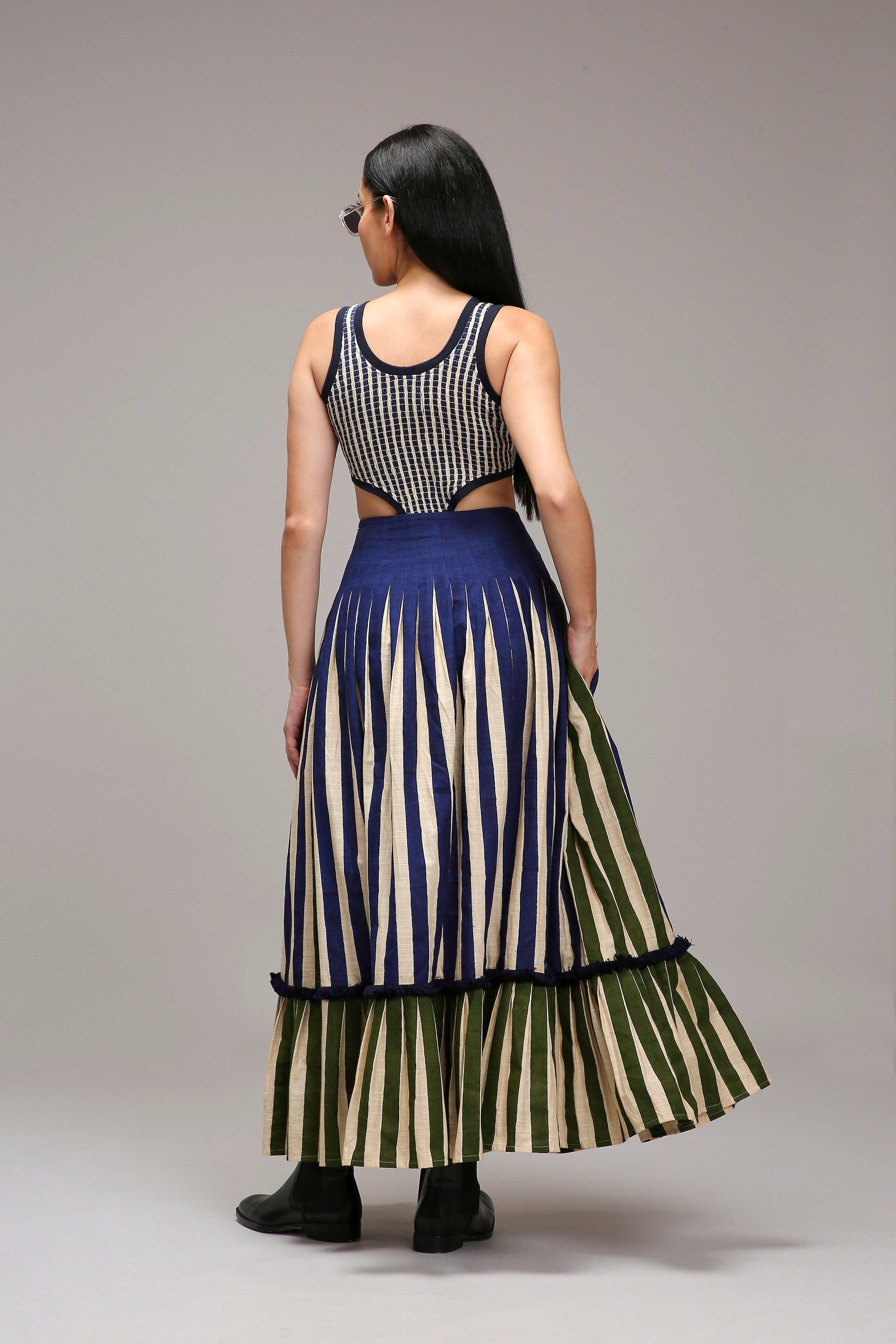 Handwoven cotton 2-piece bodysuit and skirt co-ord set Egg-Shell (Off-White) with dual striped pleated skirt by MATI India