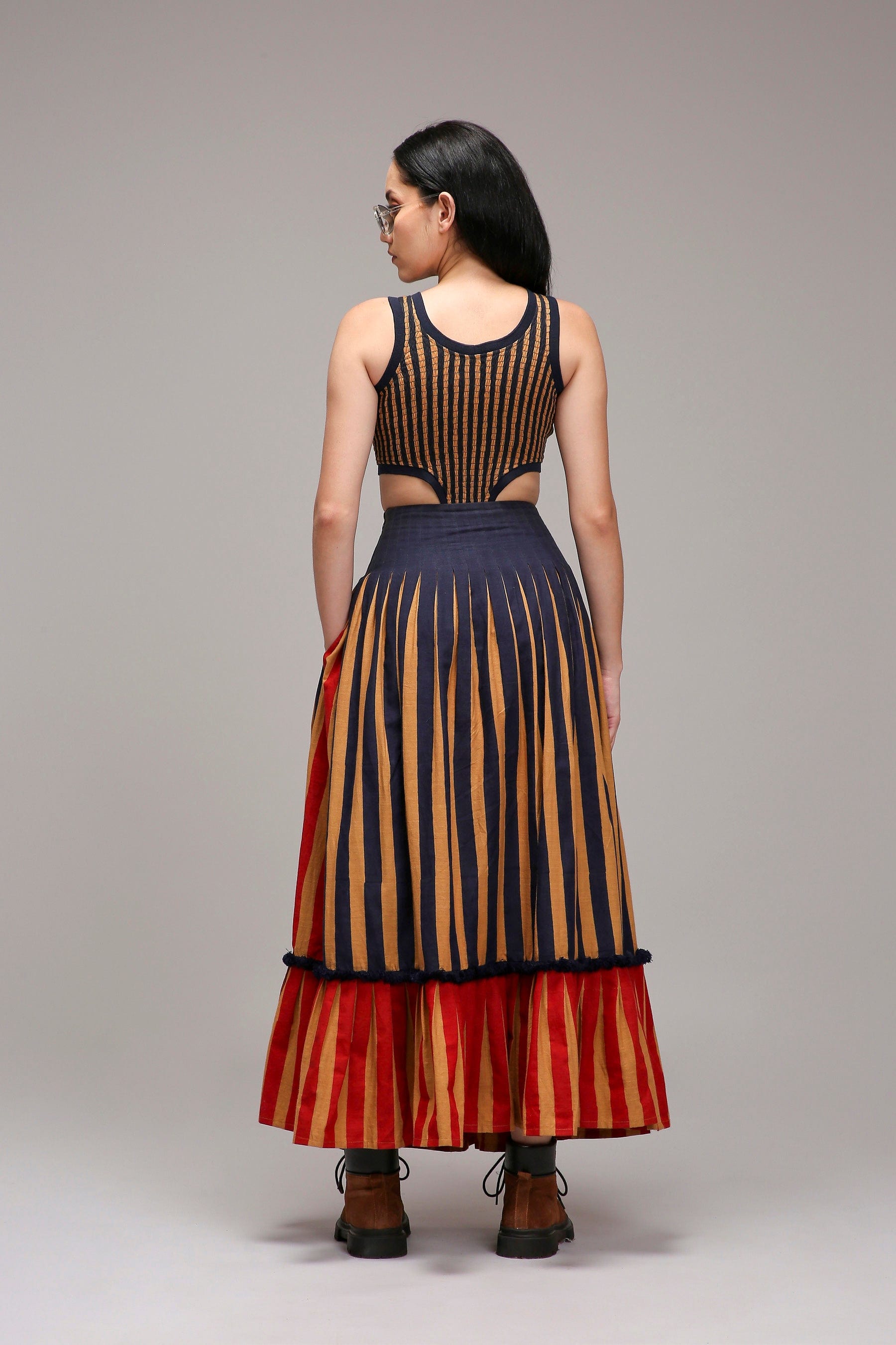 Handwoven cotton 2-piece bodysuit and skirt co-ord set Tan-Brown (Brown) with dual striped pleated skirt by MATI India 