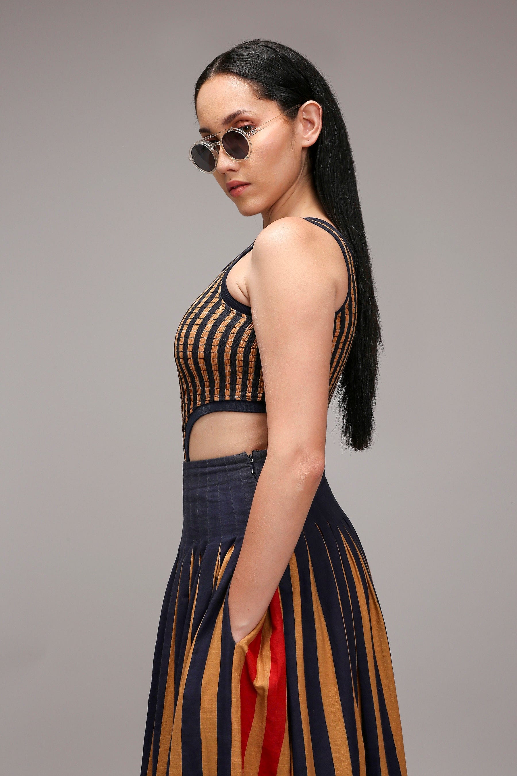 Handwoven cotton 2-piece bodysuit and skirt co-ord set Tan-Brown (Brown) with dual striped pleated skirt by MATI India 