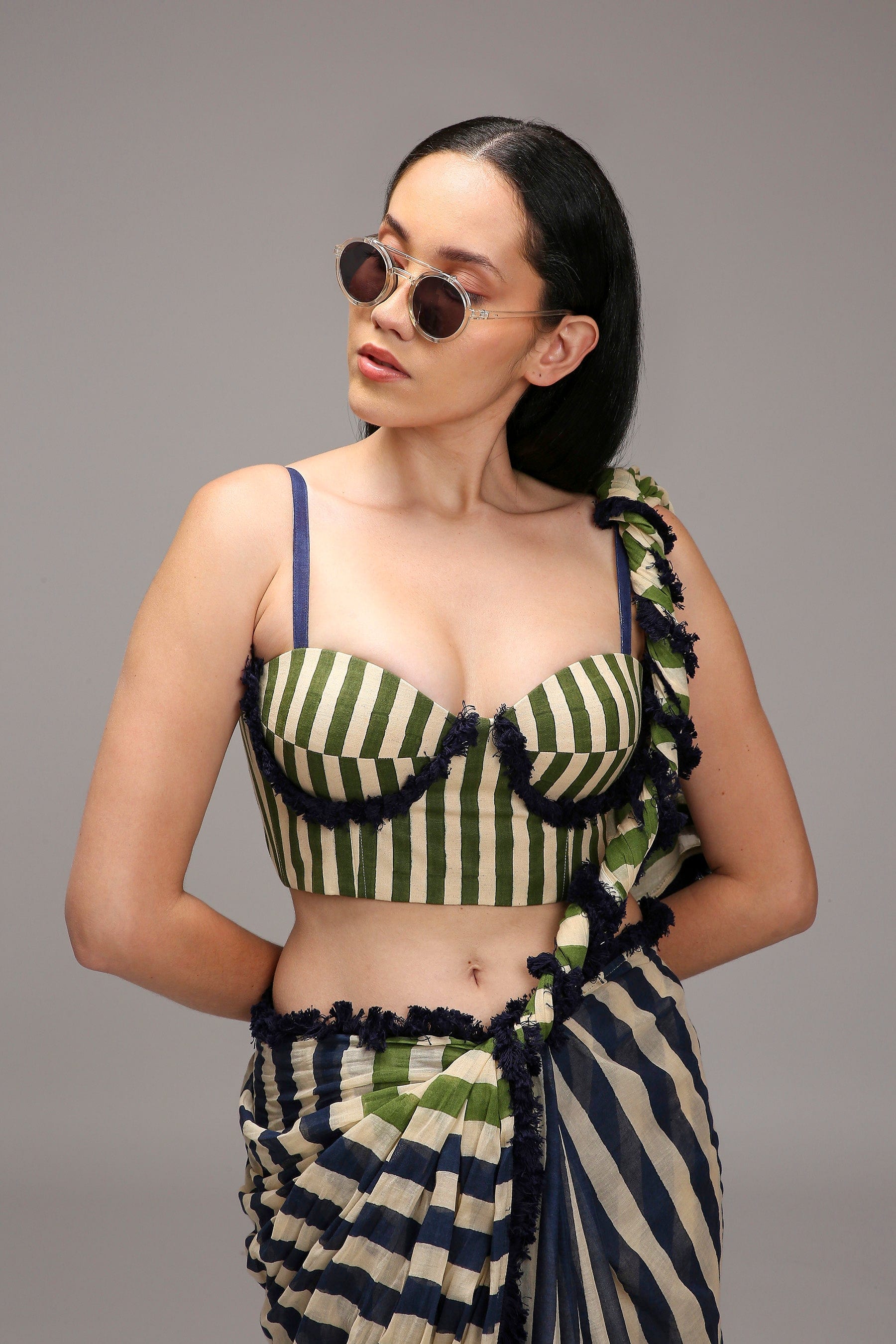 Handwoven cotton 2-piece fringed corset and saree set Egg-Shell (Off-White) with block-printed mul saree by MATI India