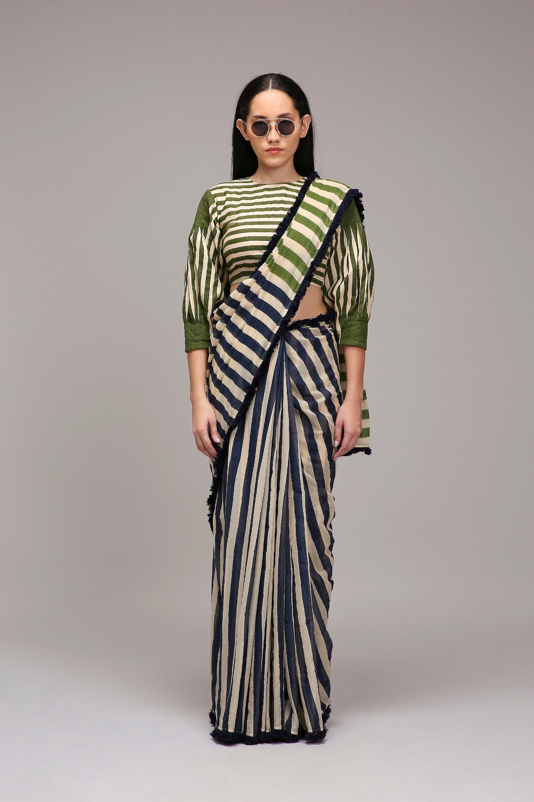 Handwoven cotton 2-piece crop top and saree set Egg-Shell (Off-White) with block-printed mul saree by MATI India 