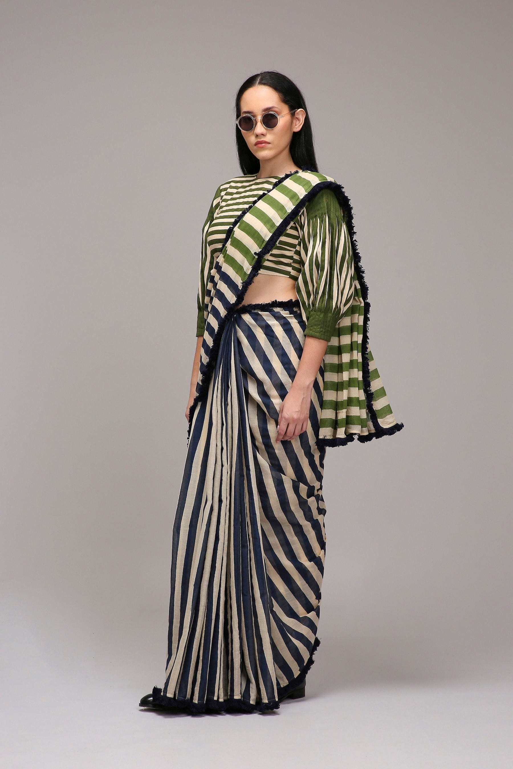 Handwoven cotton 2-piece crop top and saree set Egg-Shell (Off-White) with block-printed mul saree by MATI India 