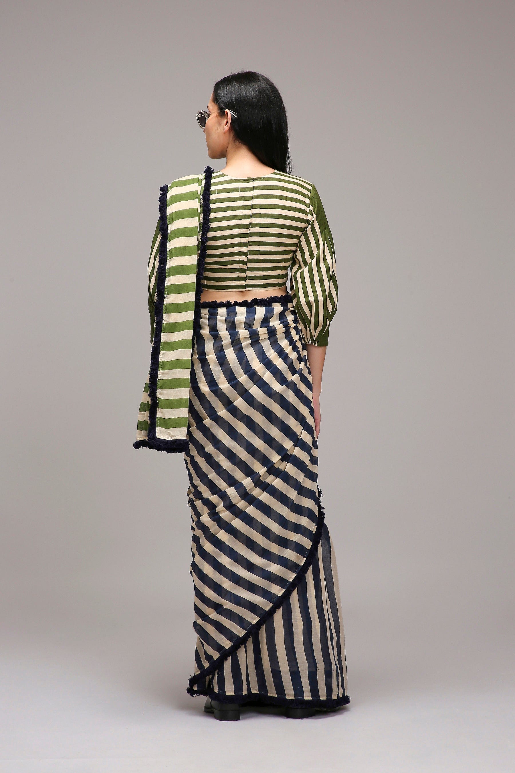 Handwoven cotton 2-piece crop top and saree set Egg-Shell (Off-White) with block-printed mul saree by MATI India 