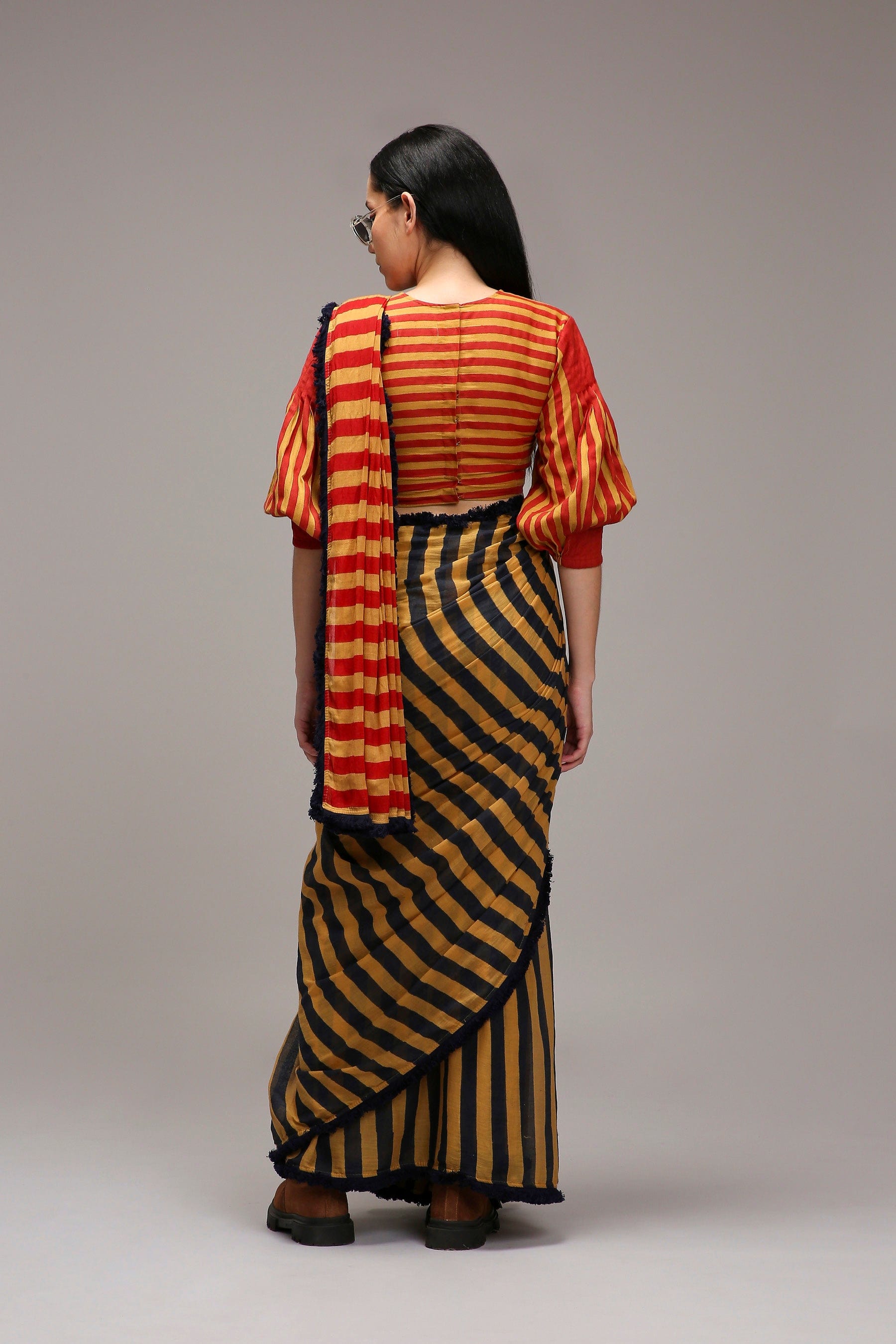 Handwoven cotton 2-piece crop top and saree set Tan-Brown (Brown) with block-printed mul saree by MATI India