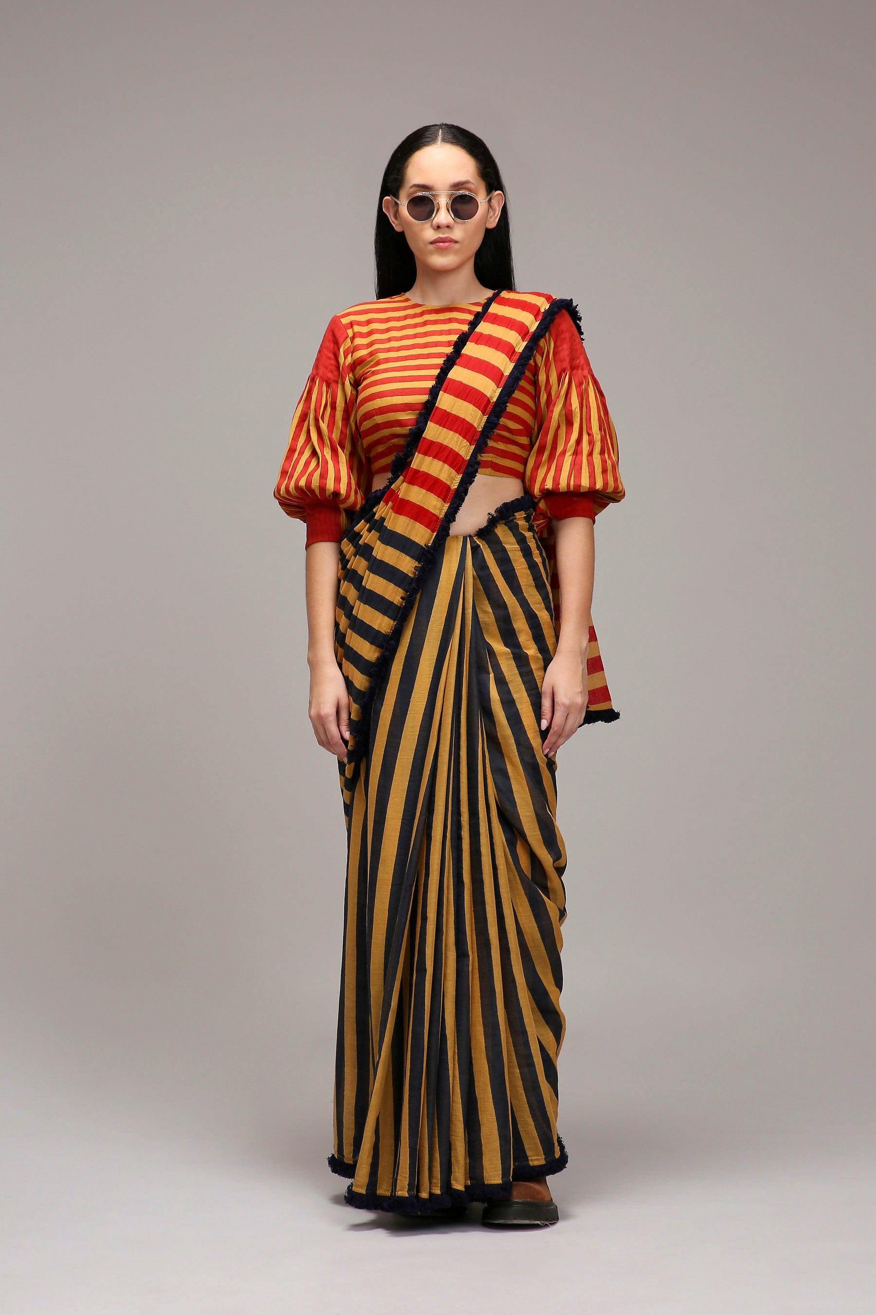 Handwoven cotton 2-piece crop top and saree set Tan-Brown (Brown) with block-printed mul saree by MATI India
