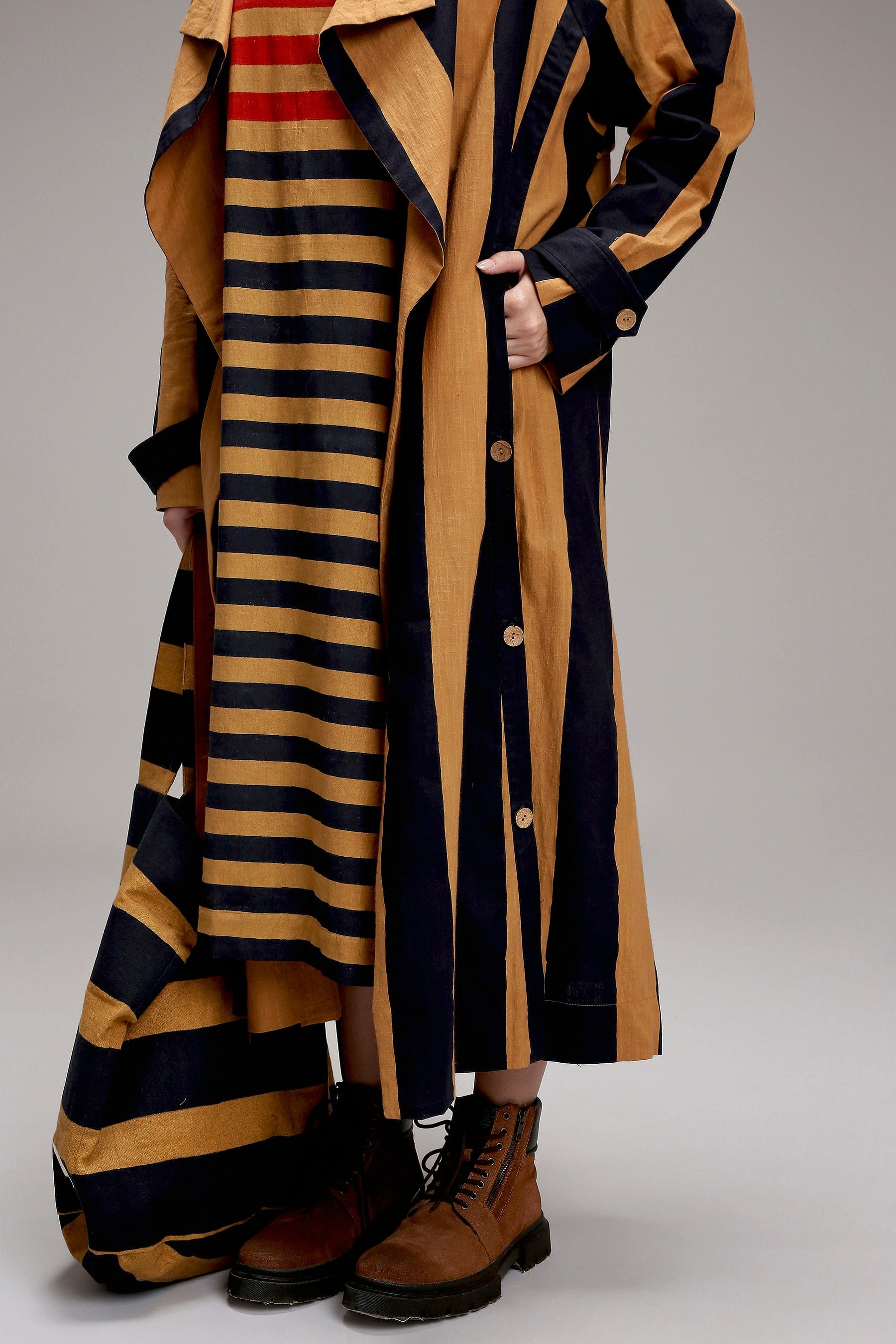 Handwoven cotton Tan-Brown (Brown) dual stripe dress side pockets detail in 2-piece striped jacket co-ord set by MATI India