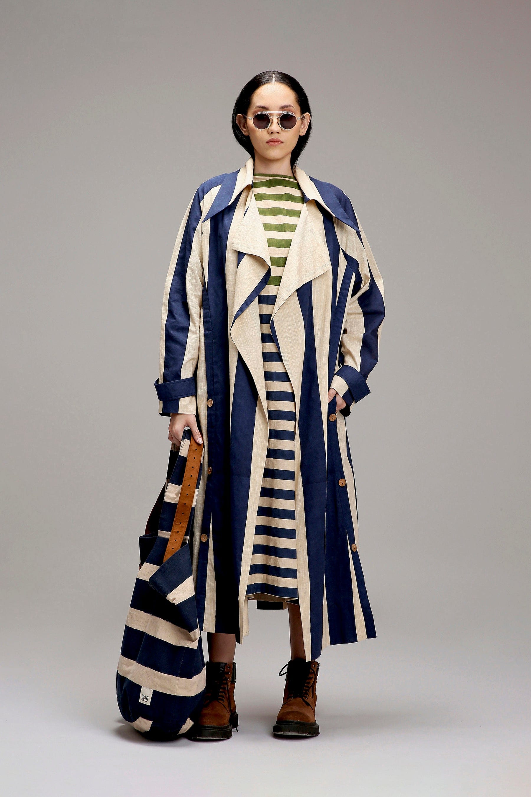 Handwoven cotton 2-piece dual stripe dress and jacket set Egg-Shell (Off-White) by MATI India