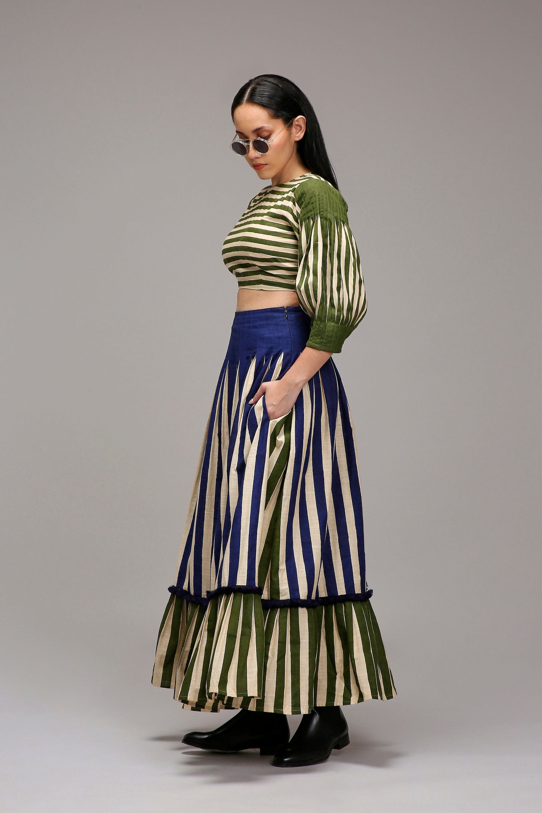 Handwoven cotton Egg-Shell (Off-White) striped crop top and skirt co-ord set by MATI India