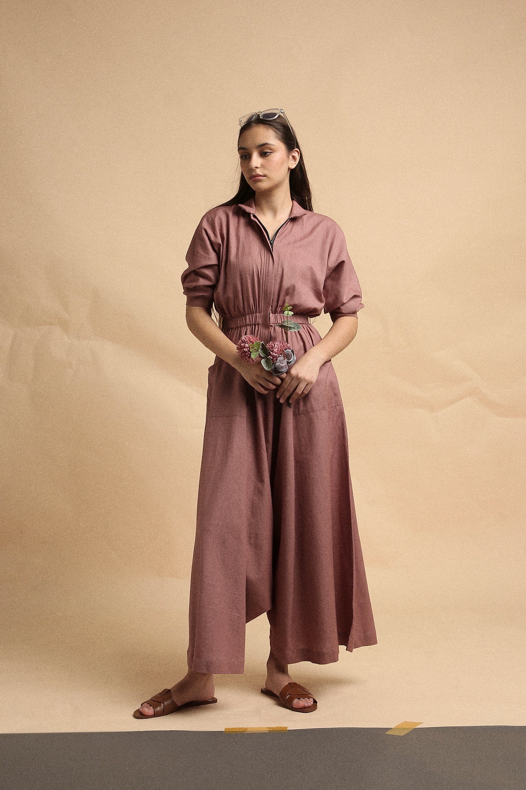 Handwoven cotton collar sphara jumpsuit in blush by Mati India - front view
