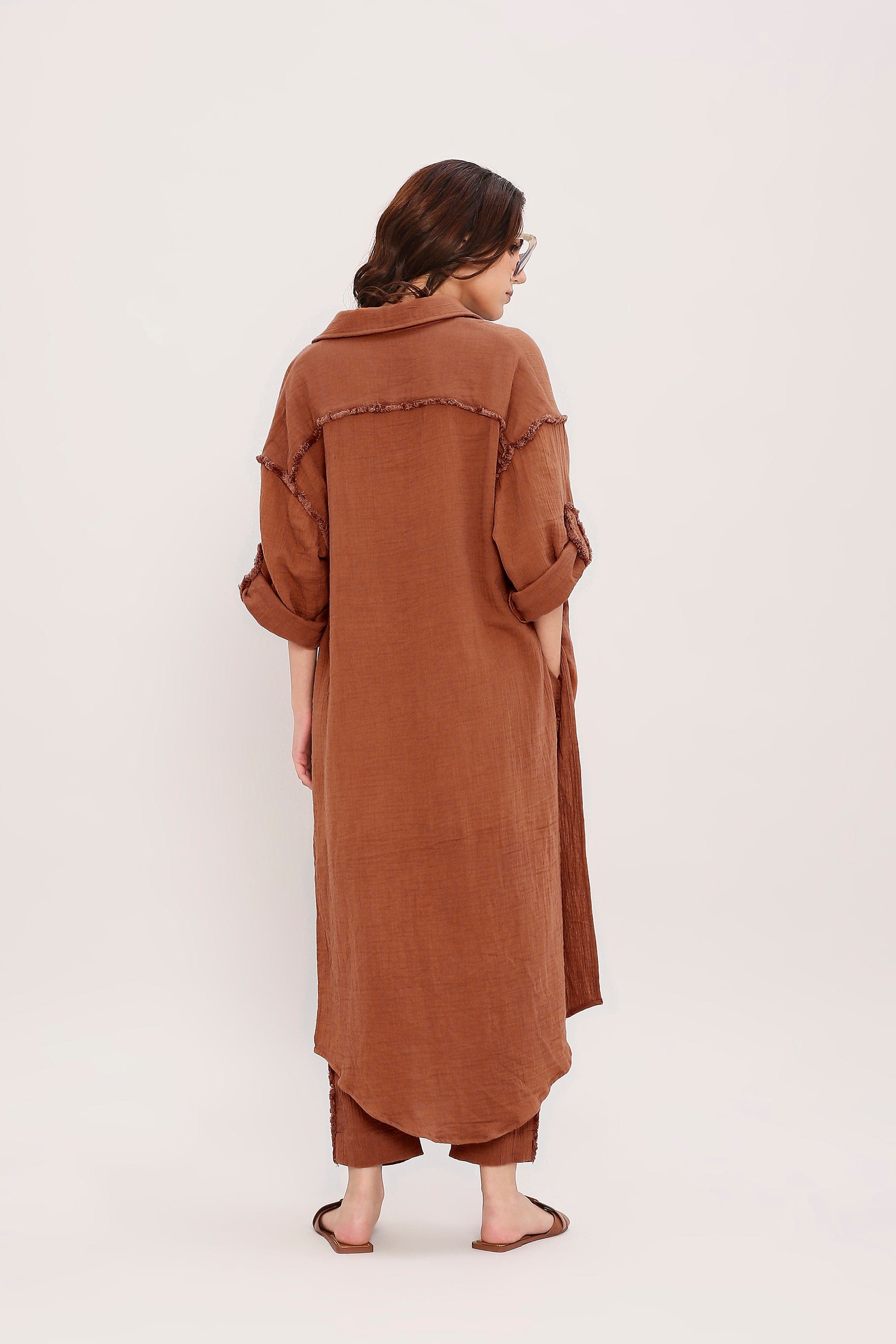 Mati Co-Ord Set Coco Brown Fringed Shirt Set (2 PCS)