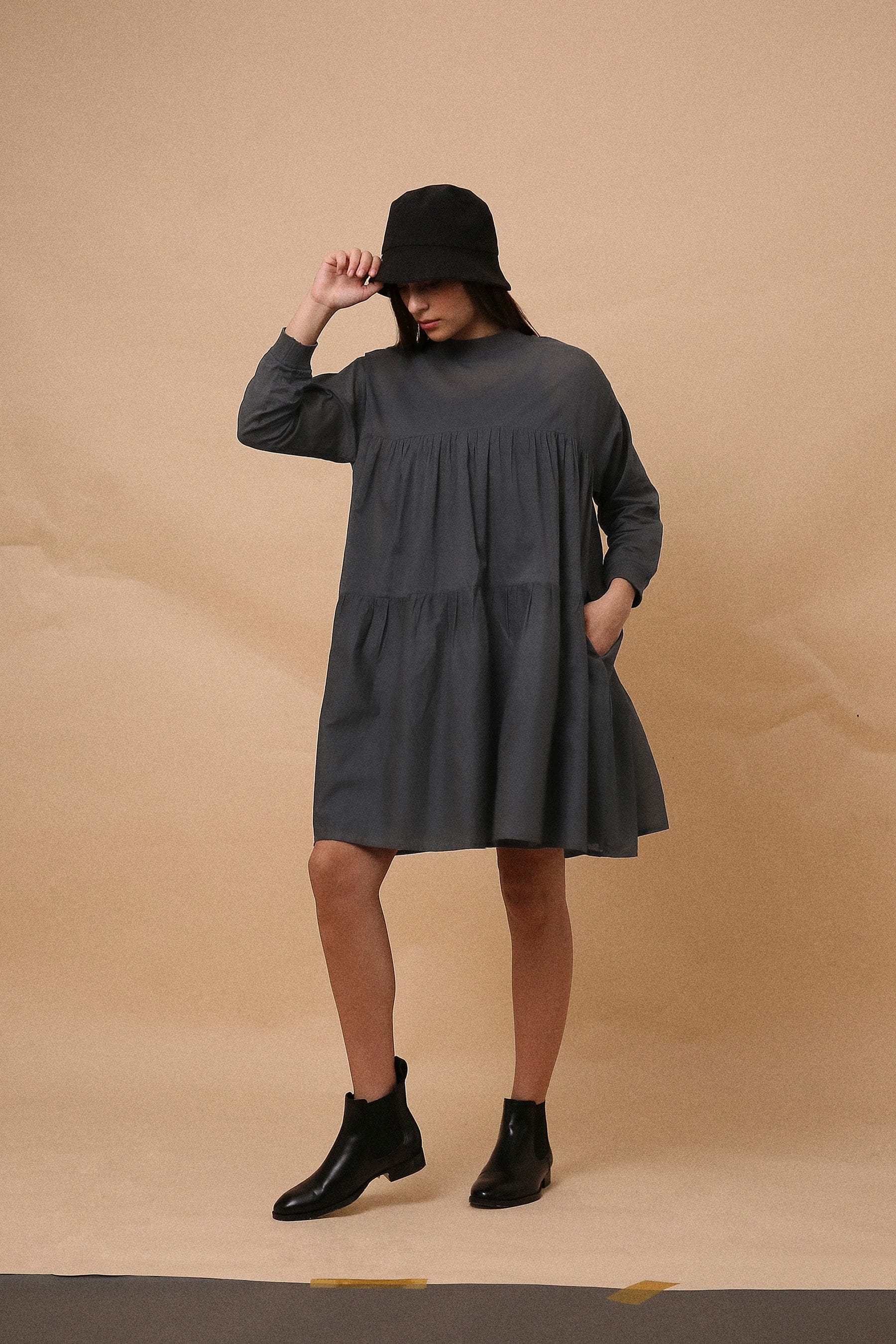 Handwoven cotton mul tiered maxi dress in ash gray (charcoal) – front view, MATI India