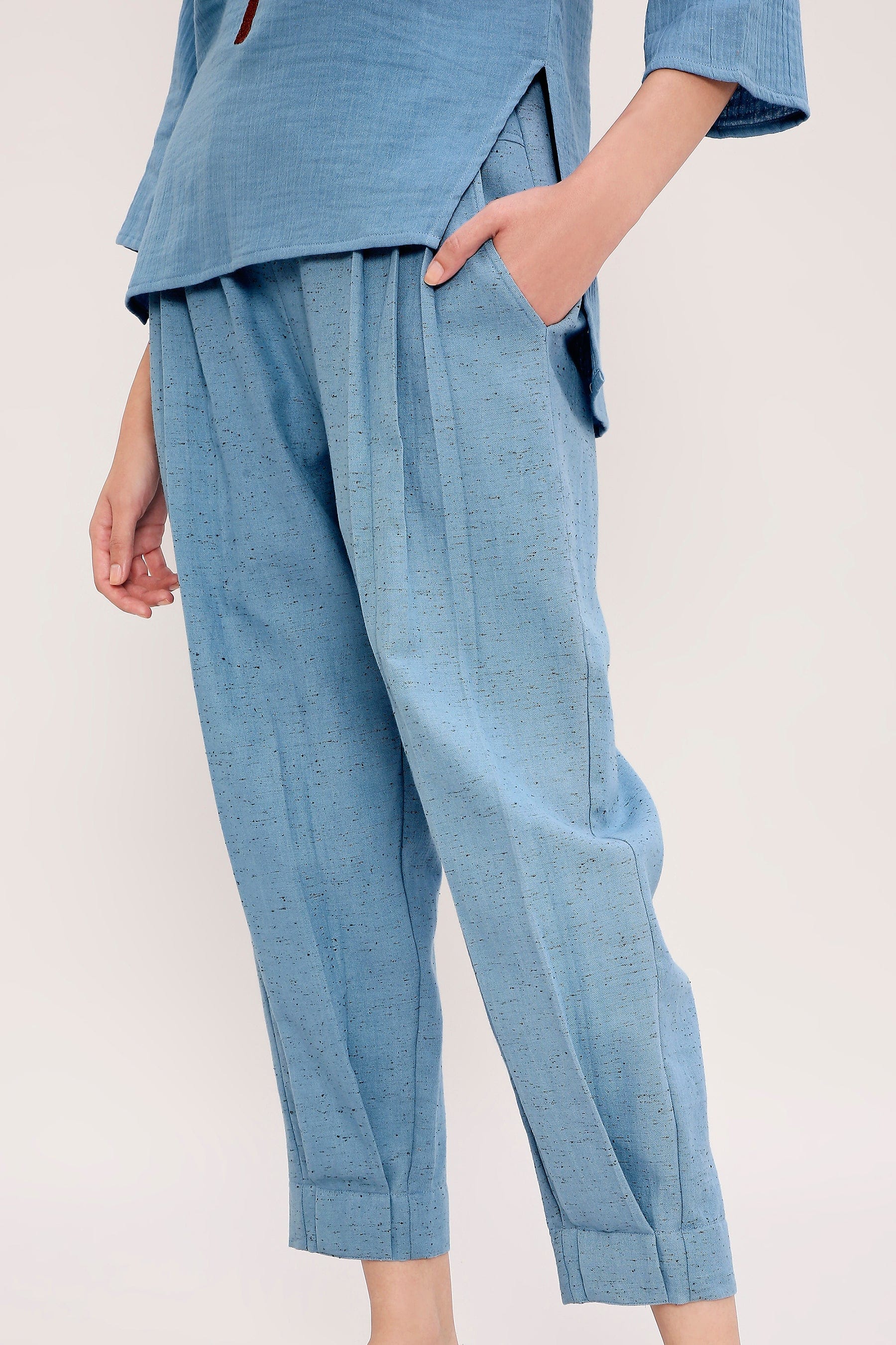 Blue Textured Cotton Dotted Pants by MATI