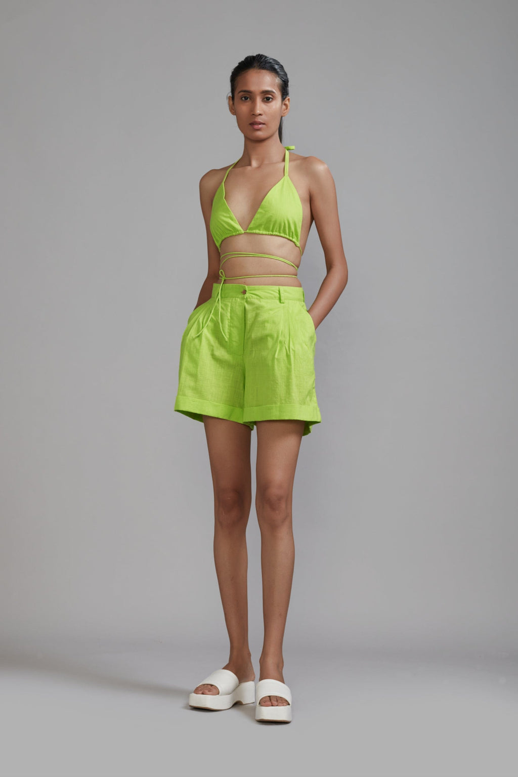 Mati Bottoms XS Neon Green Overlap Bralette & Shorts Set (2 PCS)