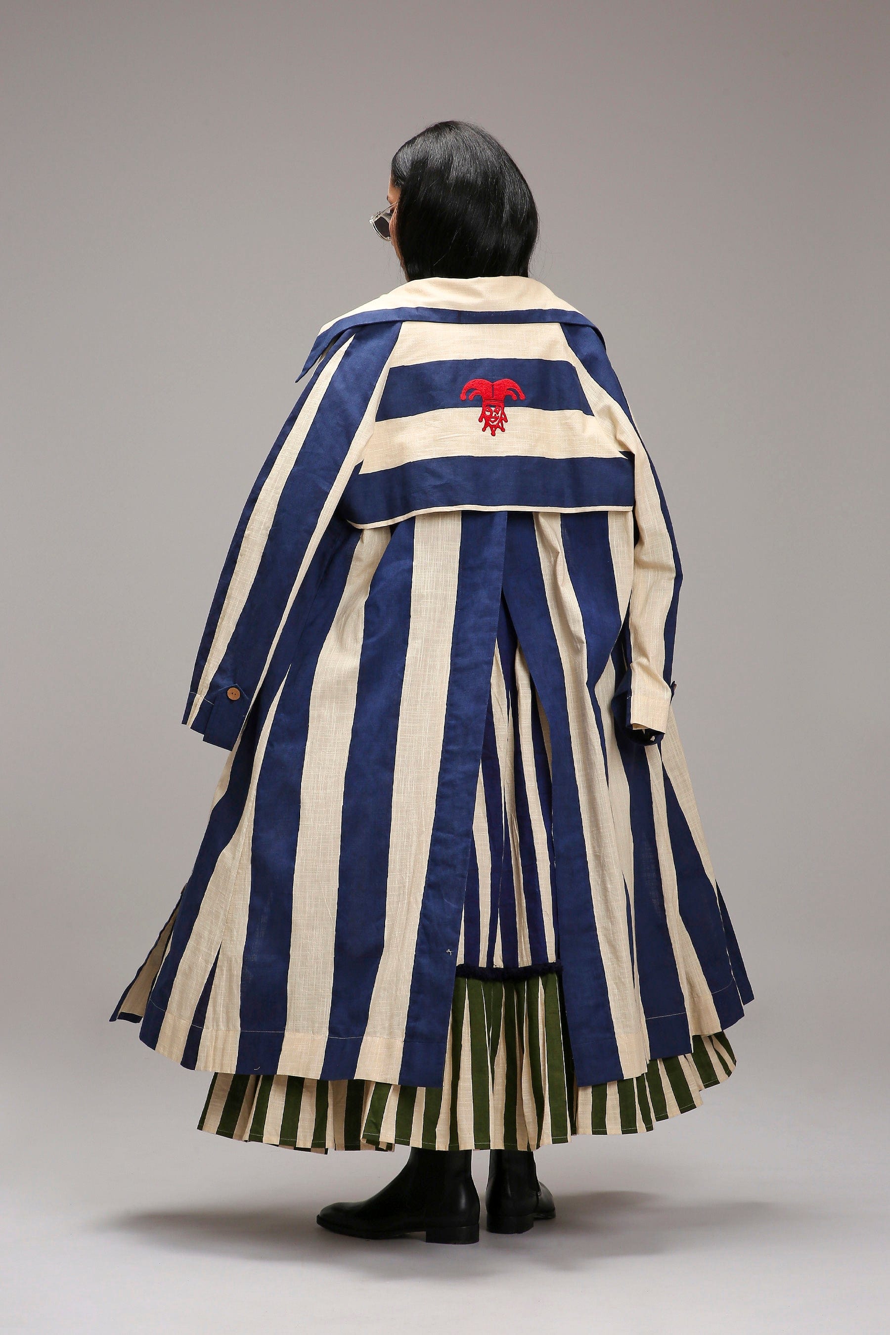 Handwoven cotton 3-piece co-ord set in Egg-Shell (Off-White) with dual striped skirt and smocked bodysuit by MATI India 