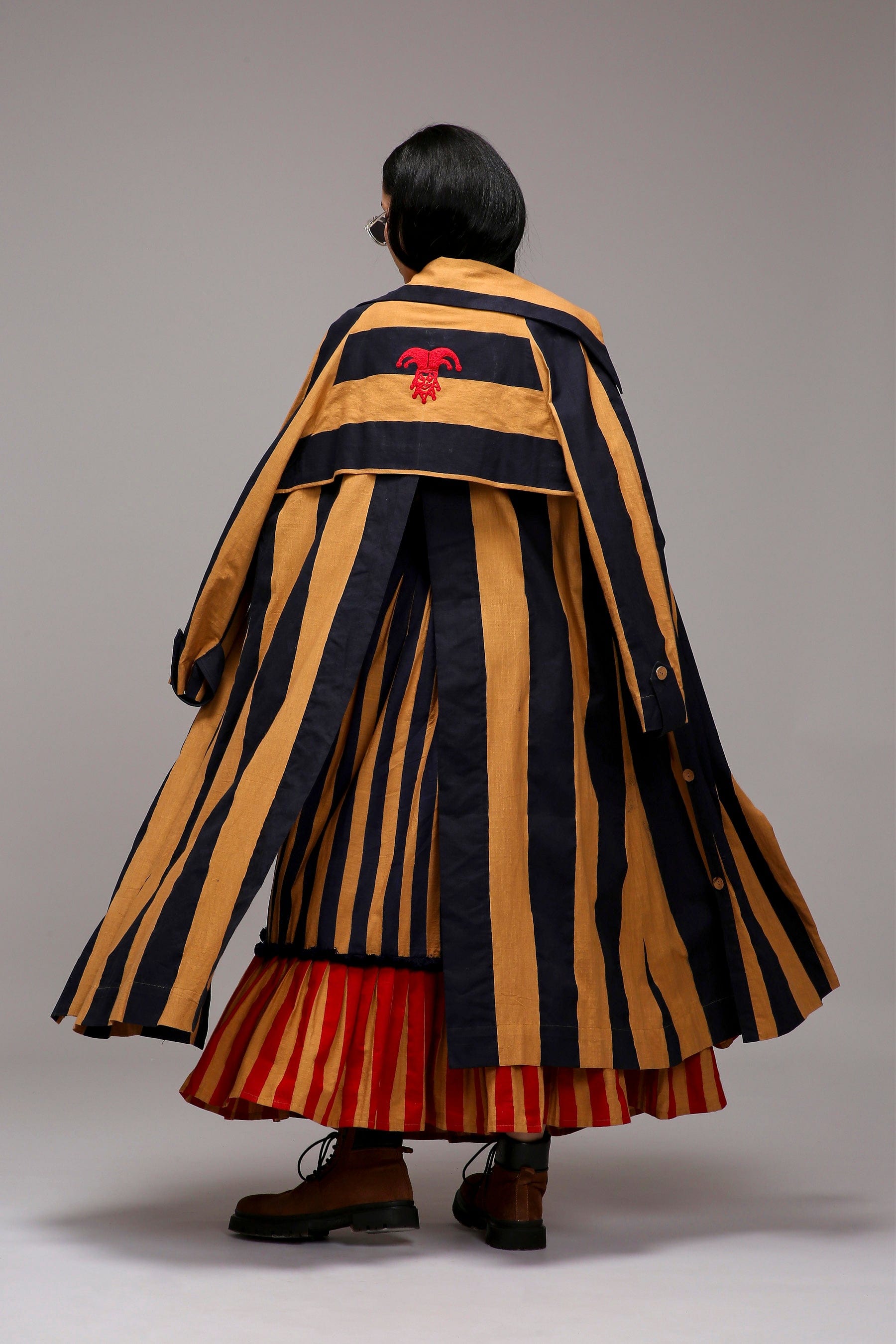 Handwoven cotton Tan-Brown (Brown) joker embroidery jacket and red blue striped pleated skirt co-ord set by MATI India