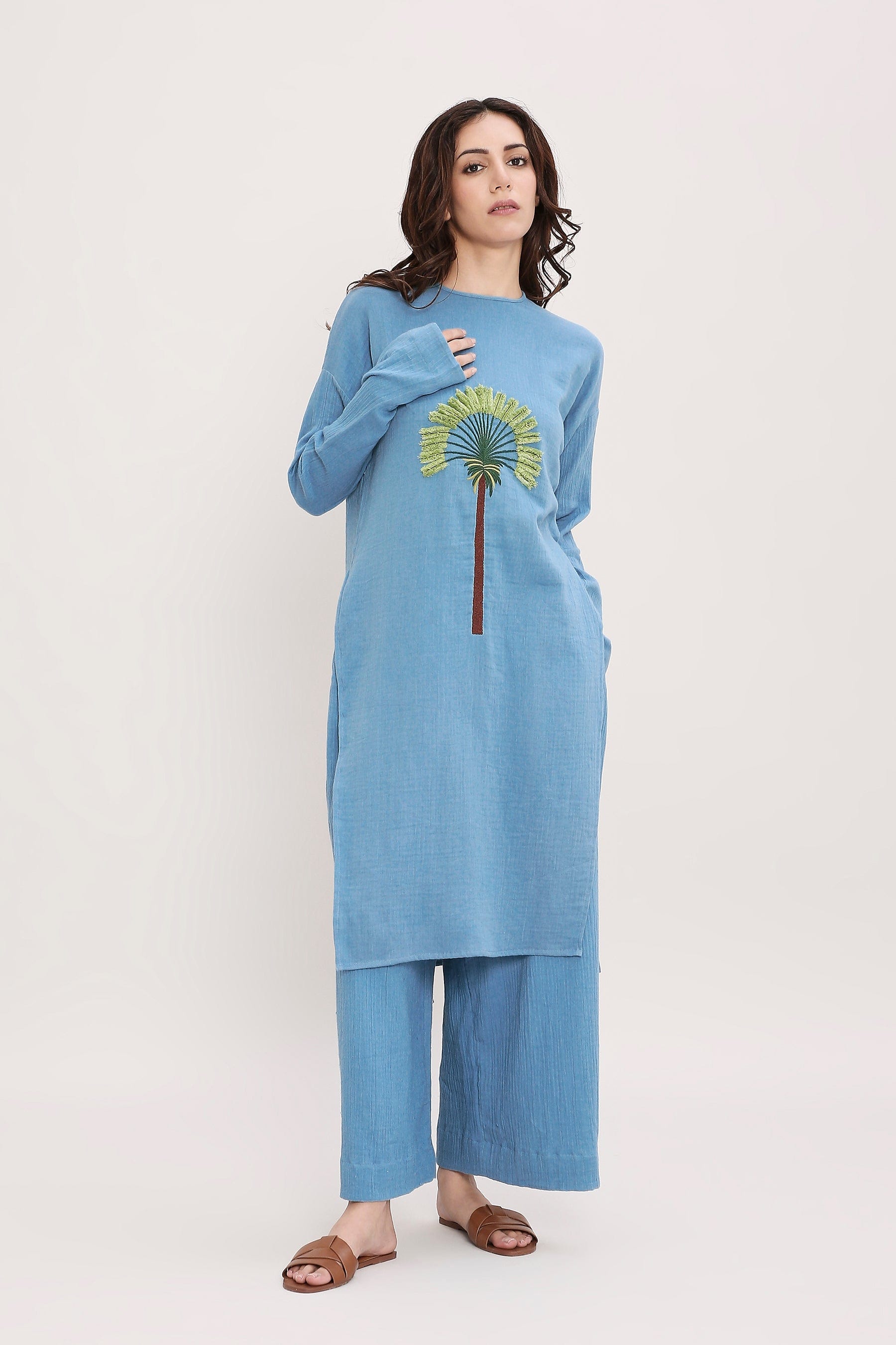 Coco Blue Embroidered Luxury Co-Ord Set Full Styled Look by MATI