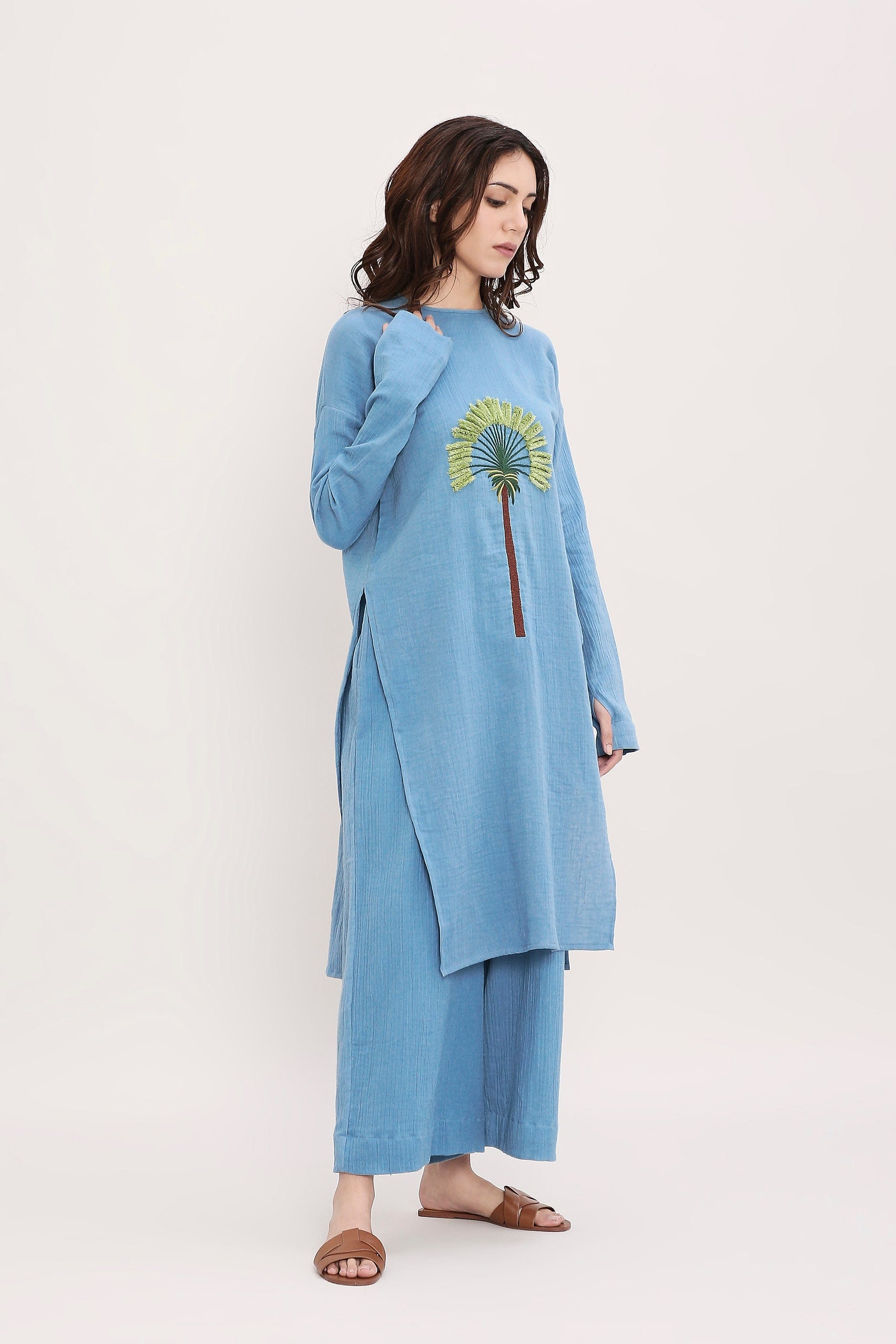 Coco Blue Floral Embroidered Co-Ord Set Side View by MATI