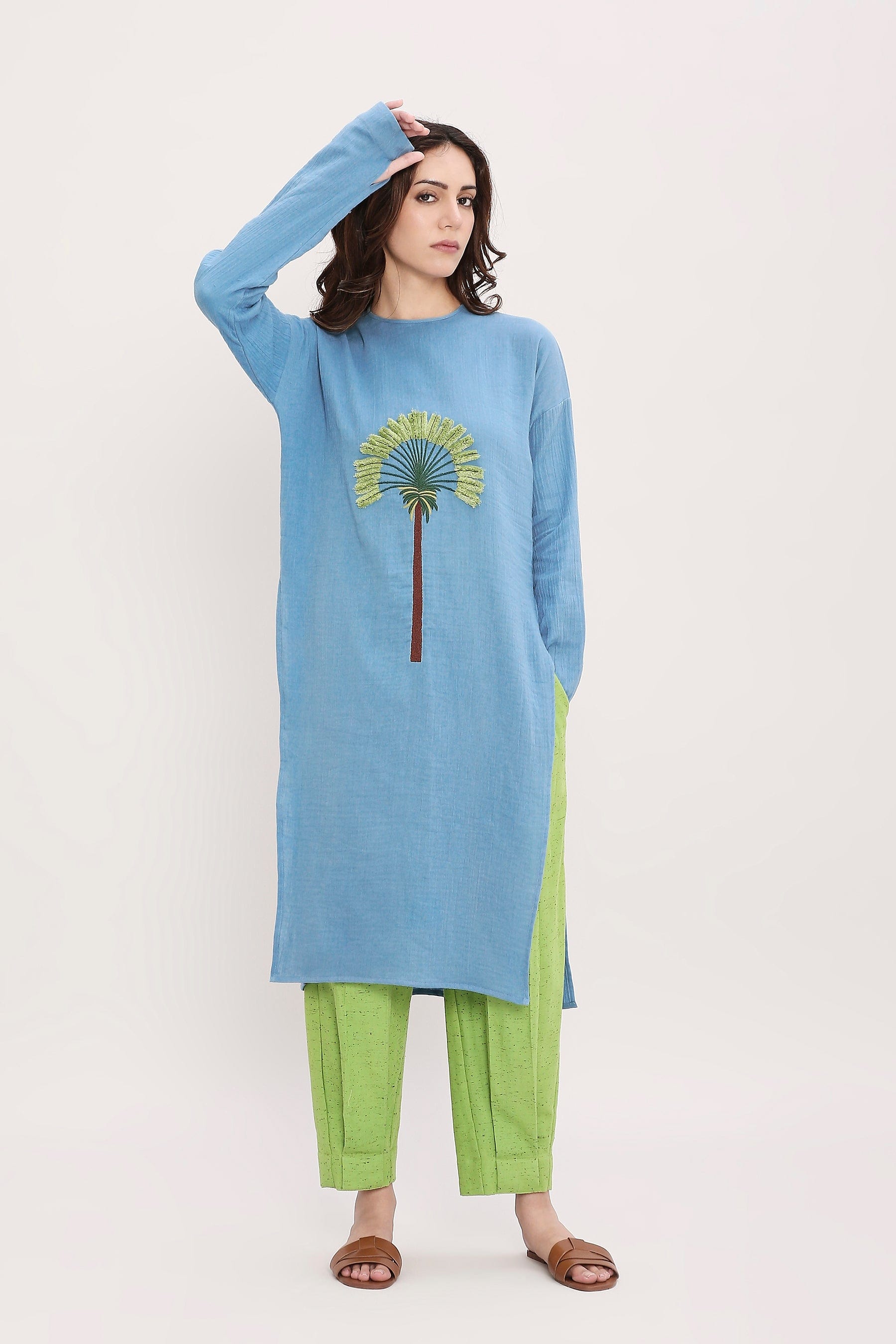 Mati Coco Blue & Green Embroidered Co-Ord Set Front View