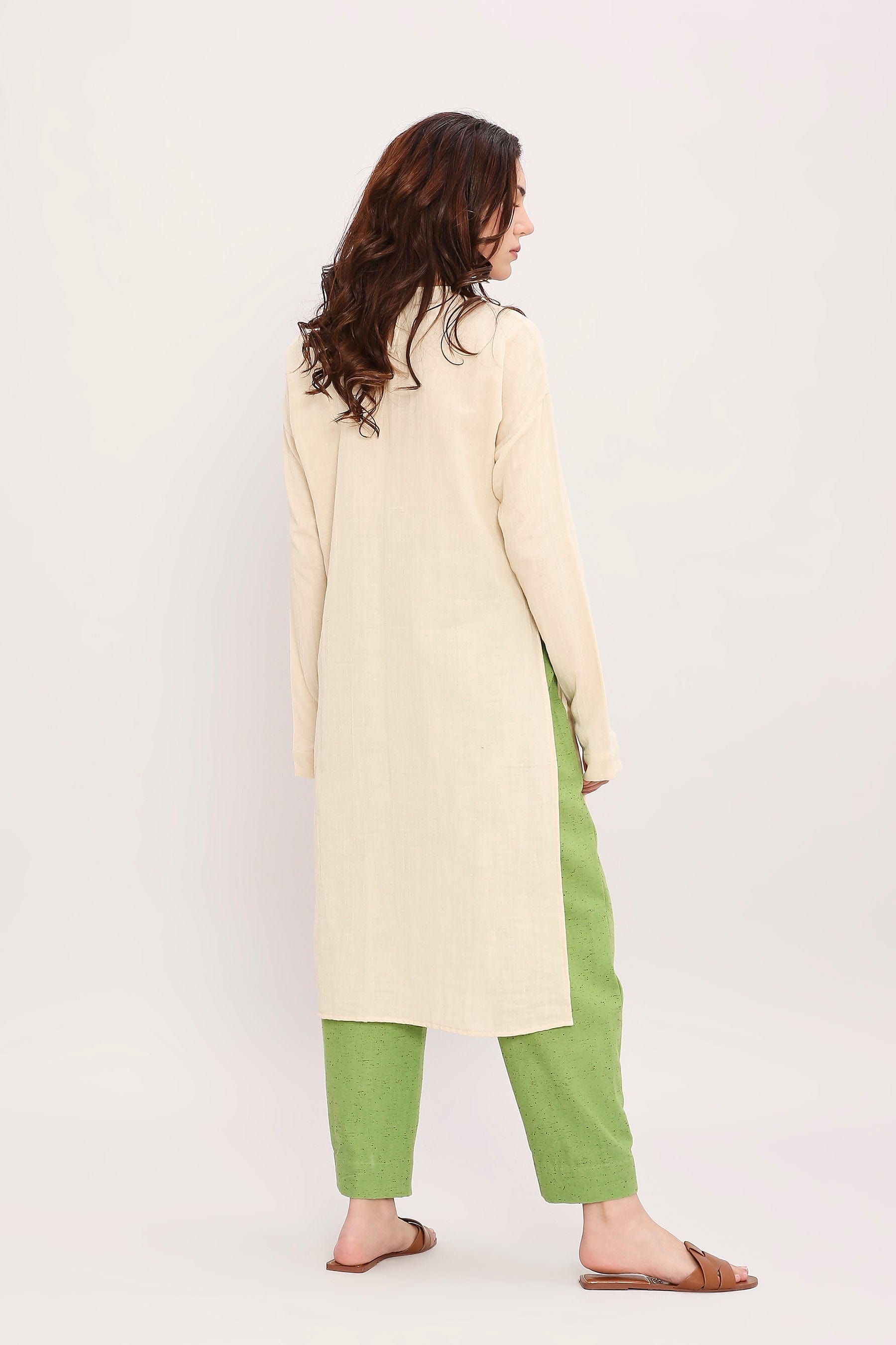 Coco Cream & Green Floral Embroidered Co-Ord Set Back View by MATI